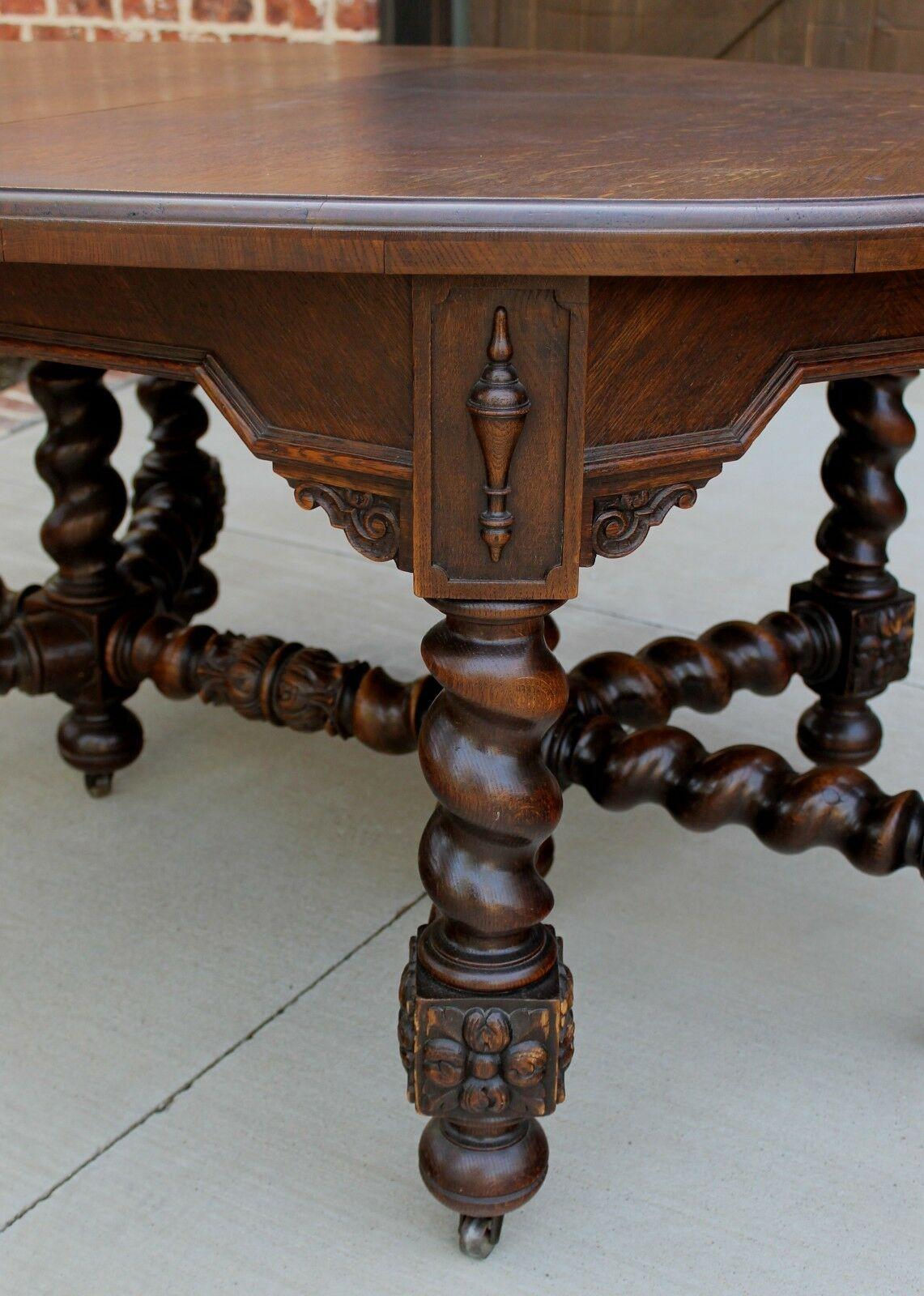 Carved Antique English Oak Barley Twist Table Oval Jacobean Dining Farmhouse W/Leaf