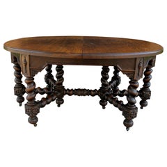 Antique English Oak Barley Twist Table Oval Jacobean Dining Farmhouse W/Leaf