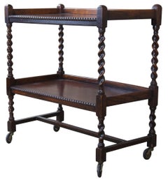 Antique English Oak Barley Twisted Two Tier Rolling Bar Tea Drink Cart Trolly