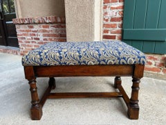 Antique English Oak Bench Upholstered Window Seat Jacobean Revival c1920