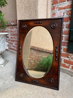 Antique English Oak Beveled Wall Mirror Barley Twist Frame Oval, circa 1900