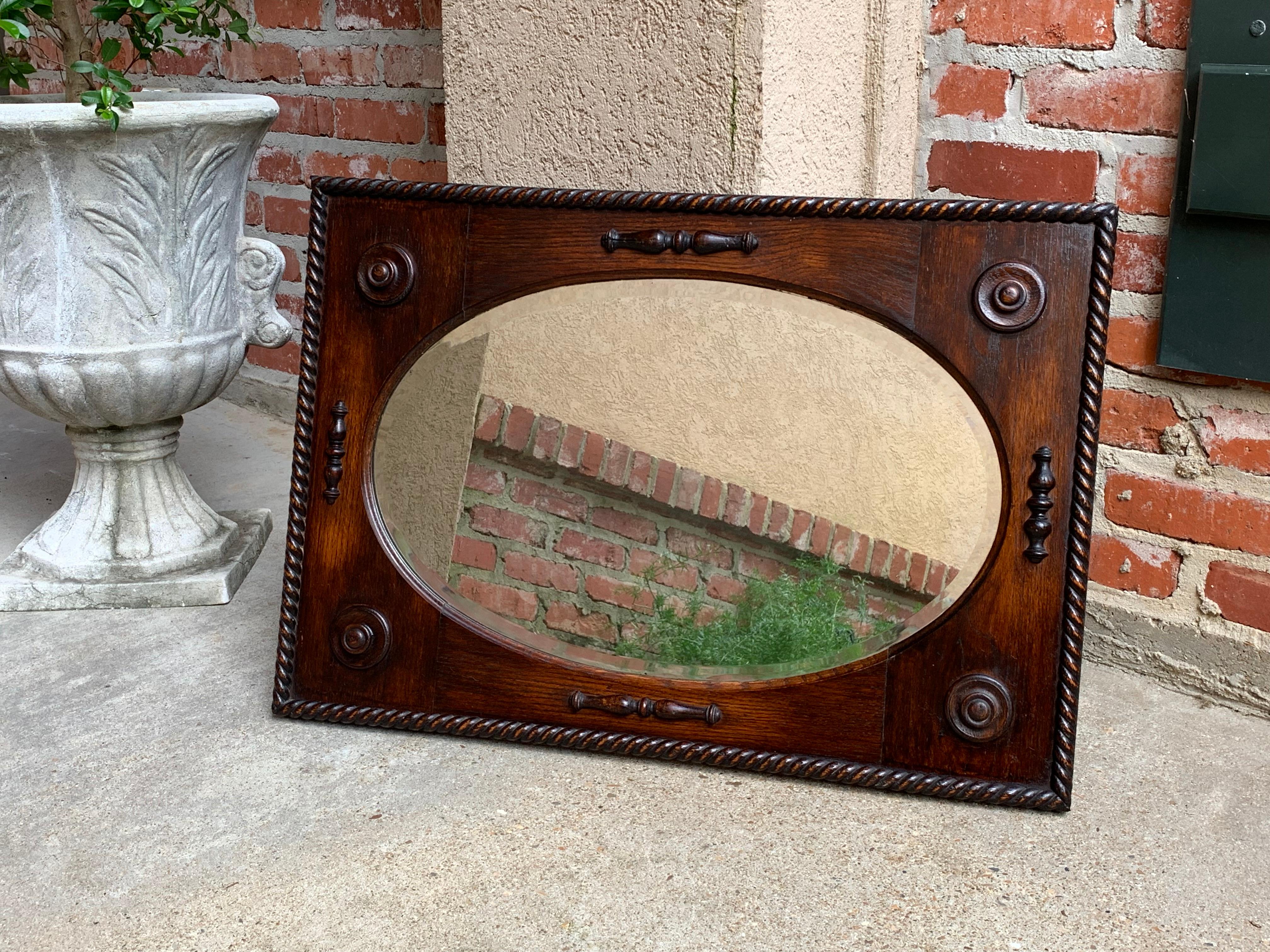 Antique English Oak Beveled Wall Mirror Barley Twist Frame Oval, circa 1900 1