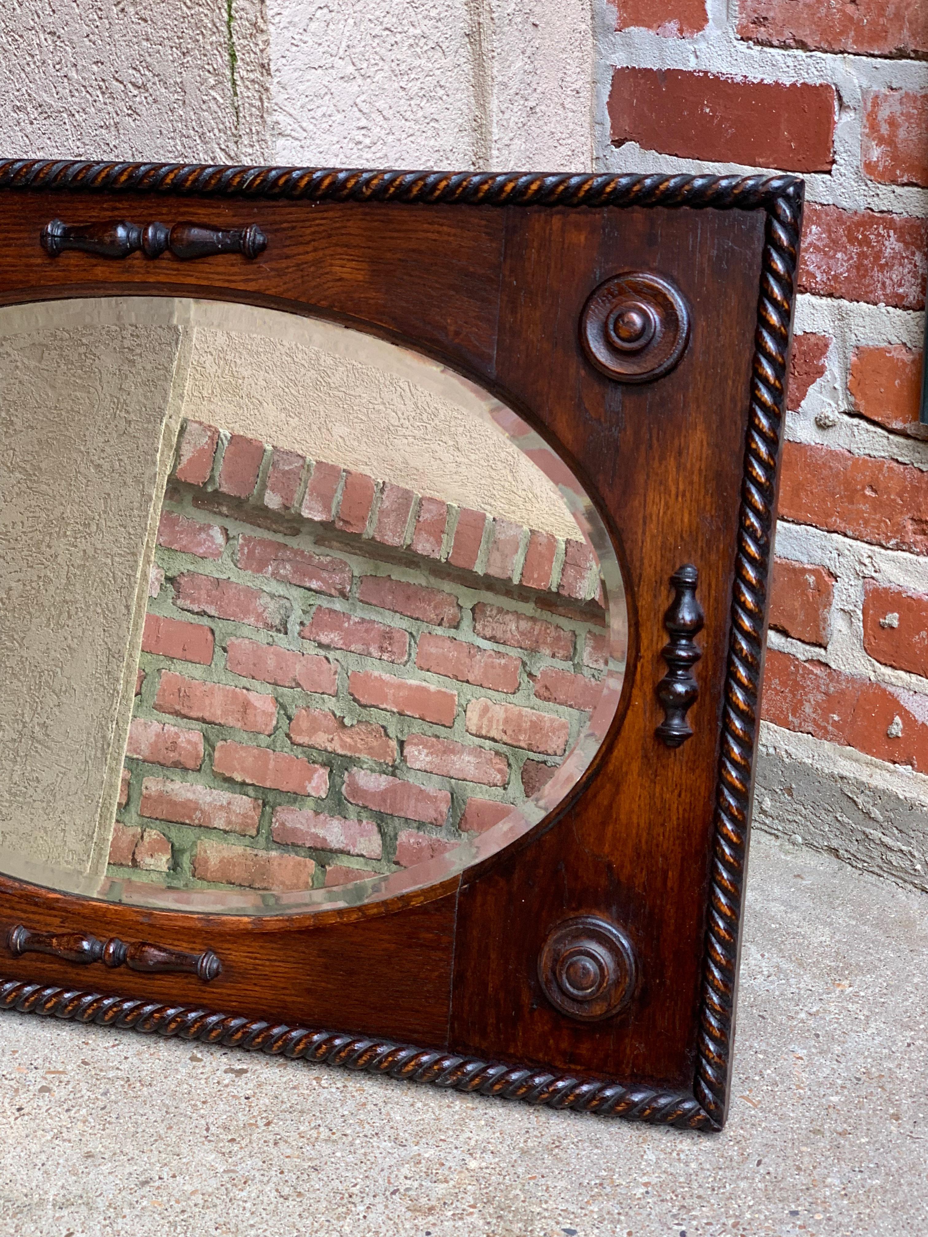 Antique English Oak Beveled Wall Mirror Barley Twist Frame Oval, circa 1900 2