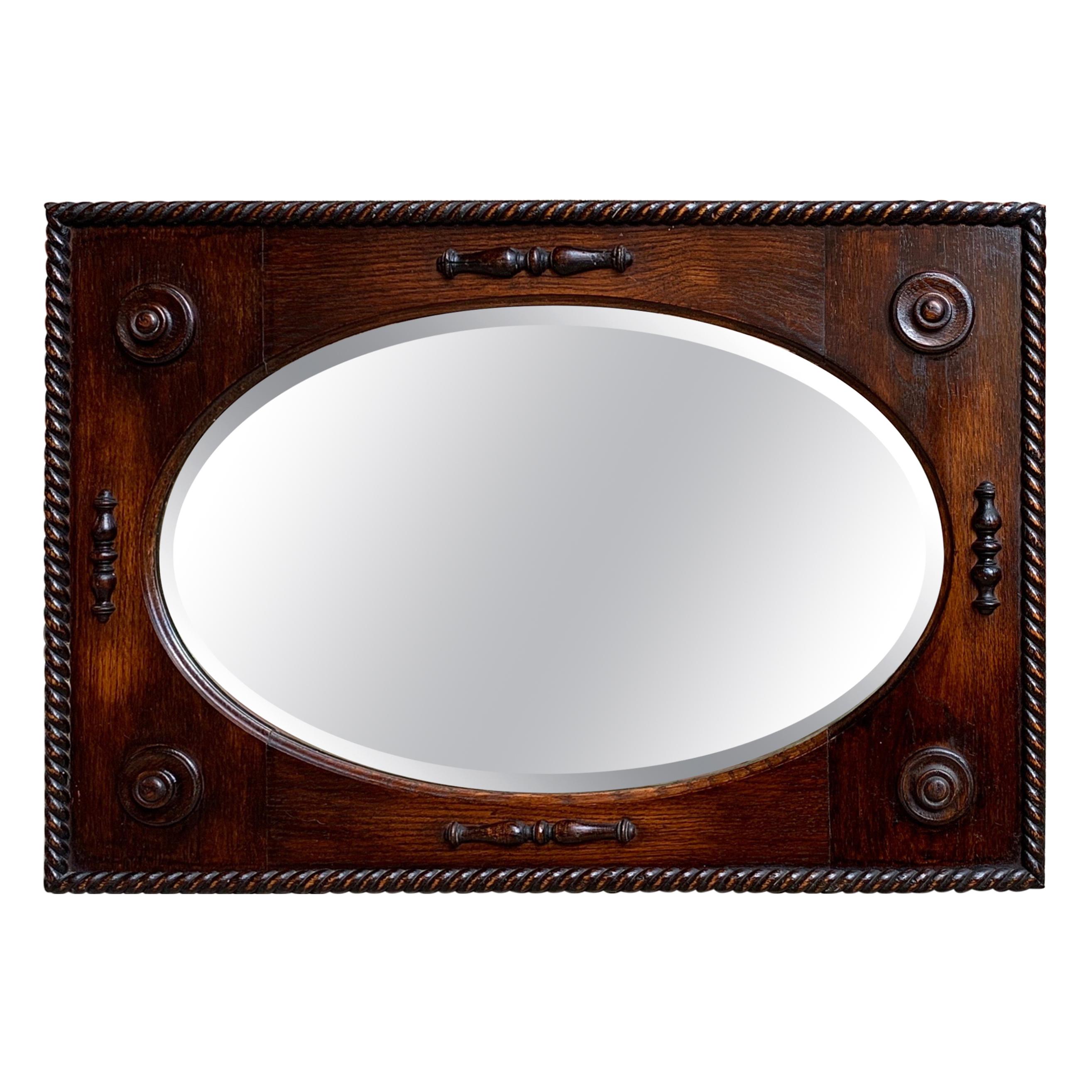 Antique English Oak Beveled Wall Mirror Barley Twist Frame Oval, circa 1900