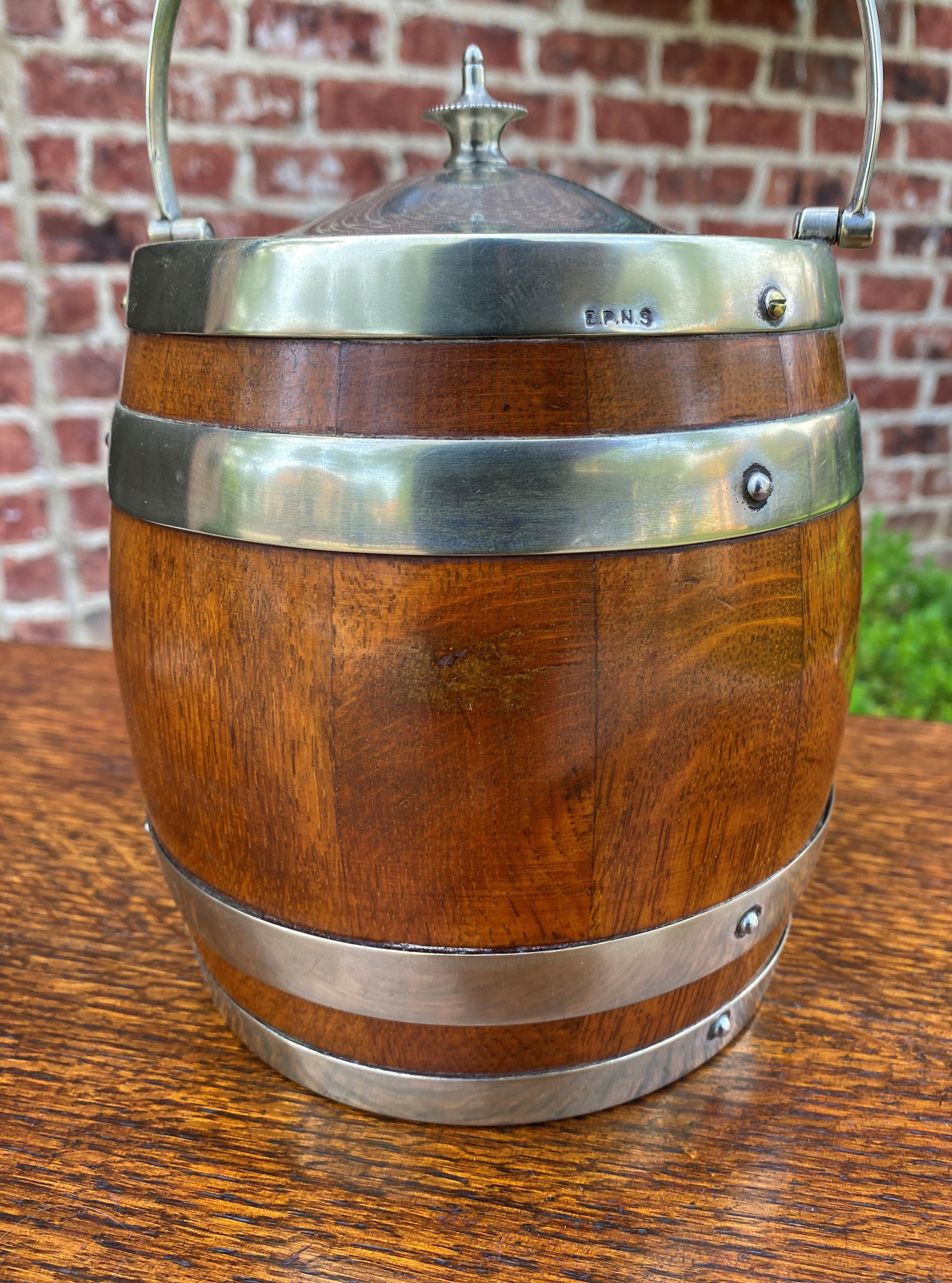Antique English Oak Biscuit Barrel Tobacco Jar Engraved Shield Banded #1 2