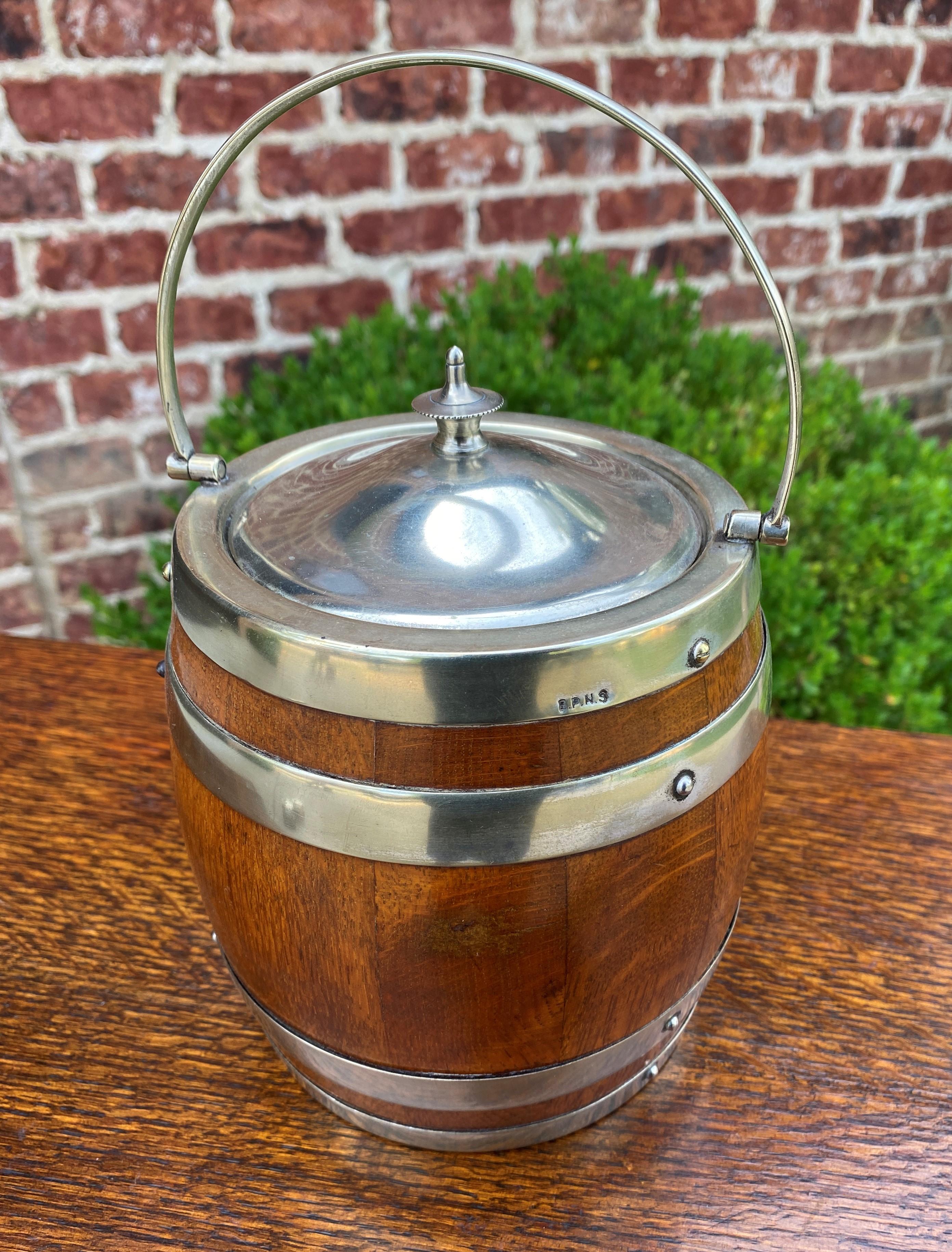 Antique English Oak Biscuit Barrel Tobacco Jar Engraved Shield Banded #1 3