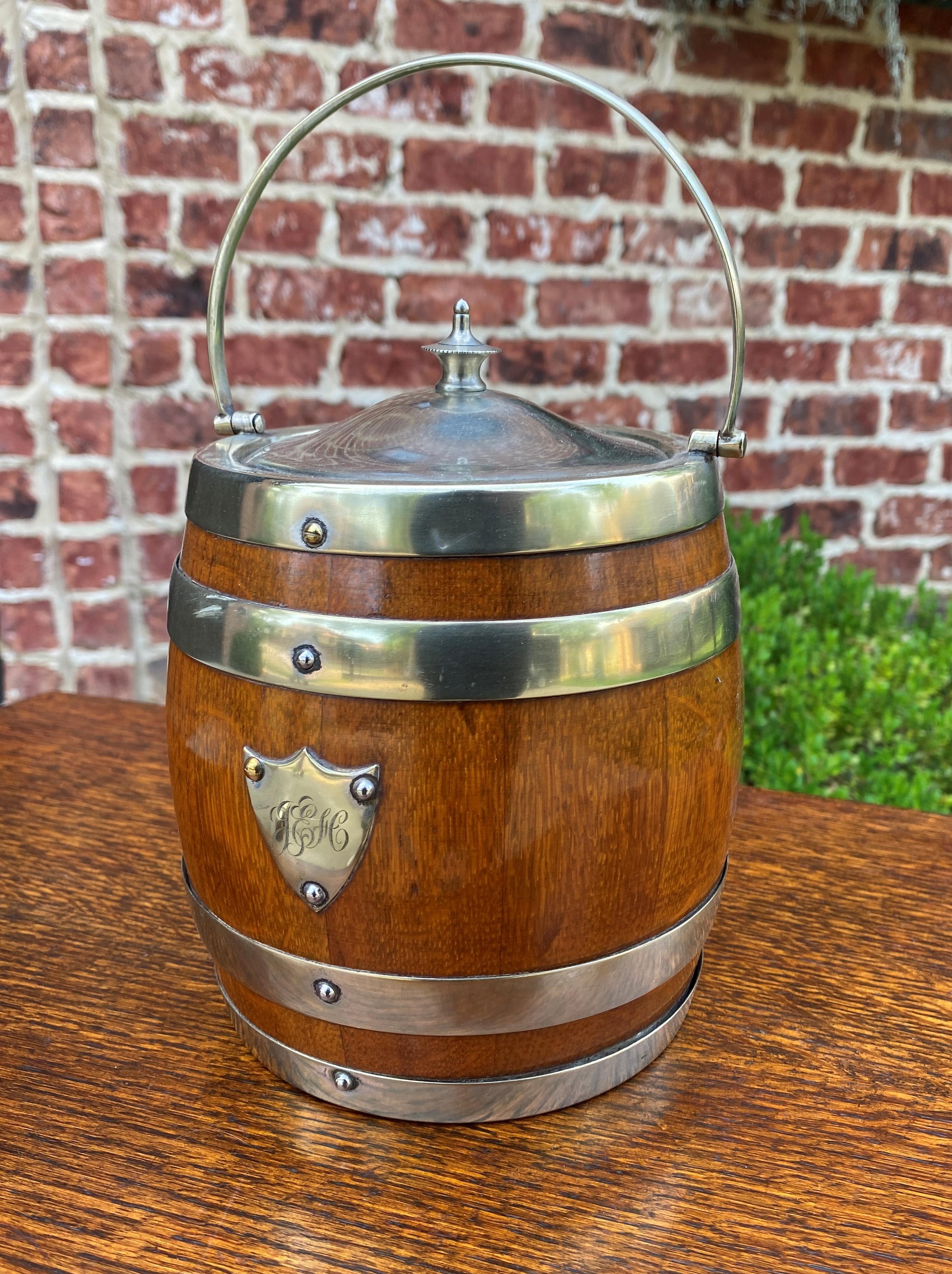 Antique English Oak Biscuit Barrel Tobacco Jar Engraved Shield Banded #1 5