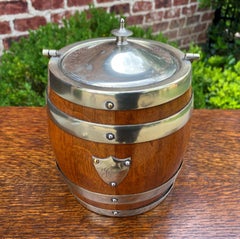 Antique English Oak Biscuit Barrel Tobacco Jar Engraved Shield Banded #1
