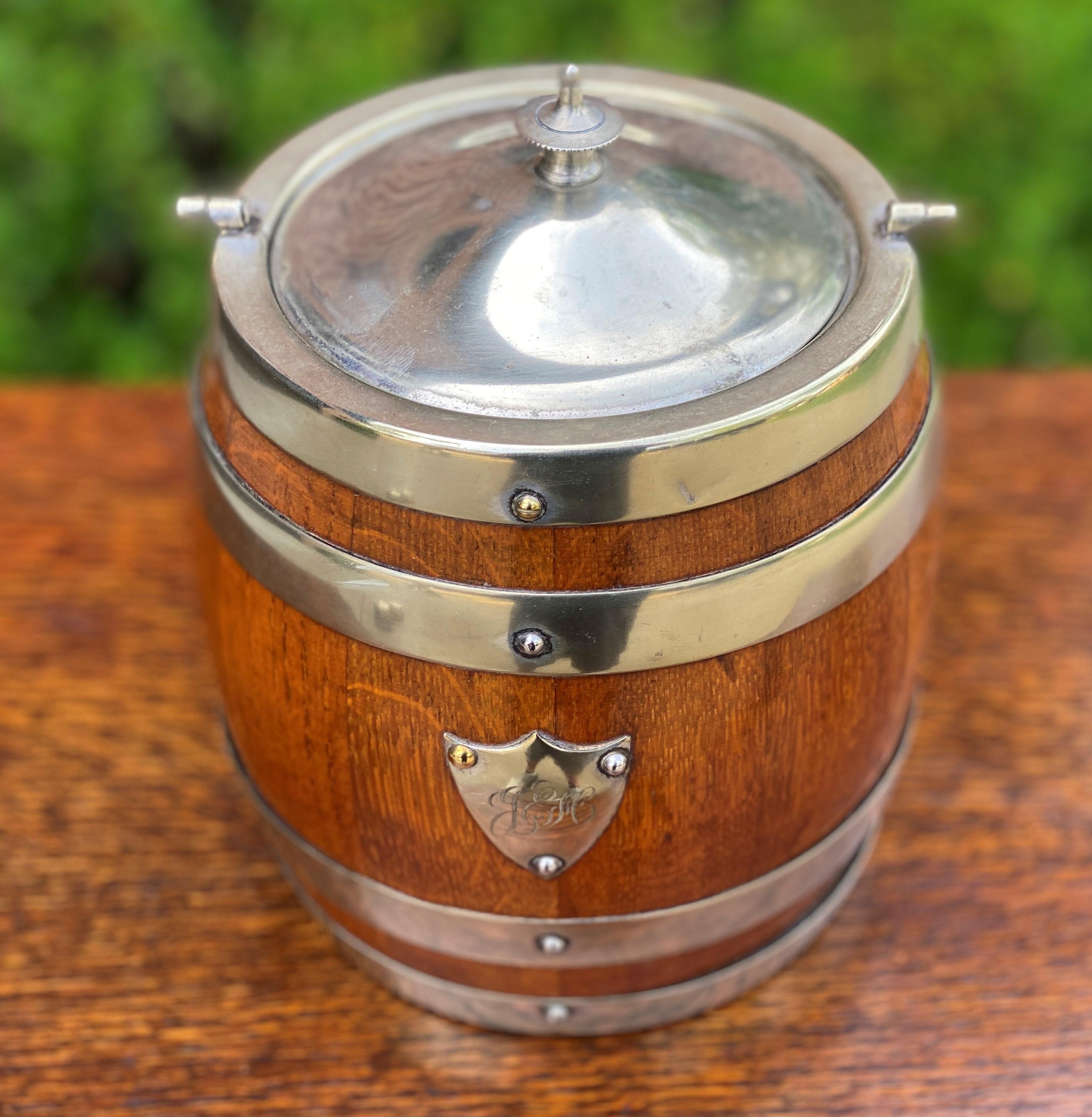 Edwardian Antique English Oak Biscuit Barrel Tobacco Jar Engraved Shield Banded #1