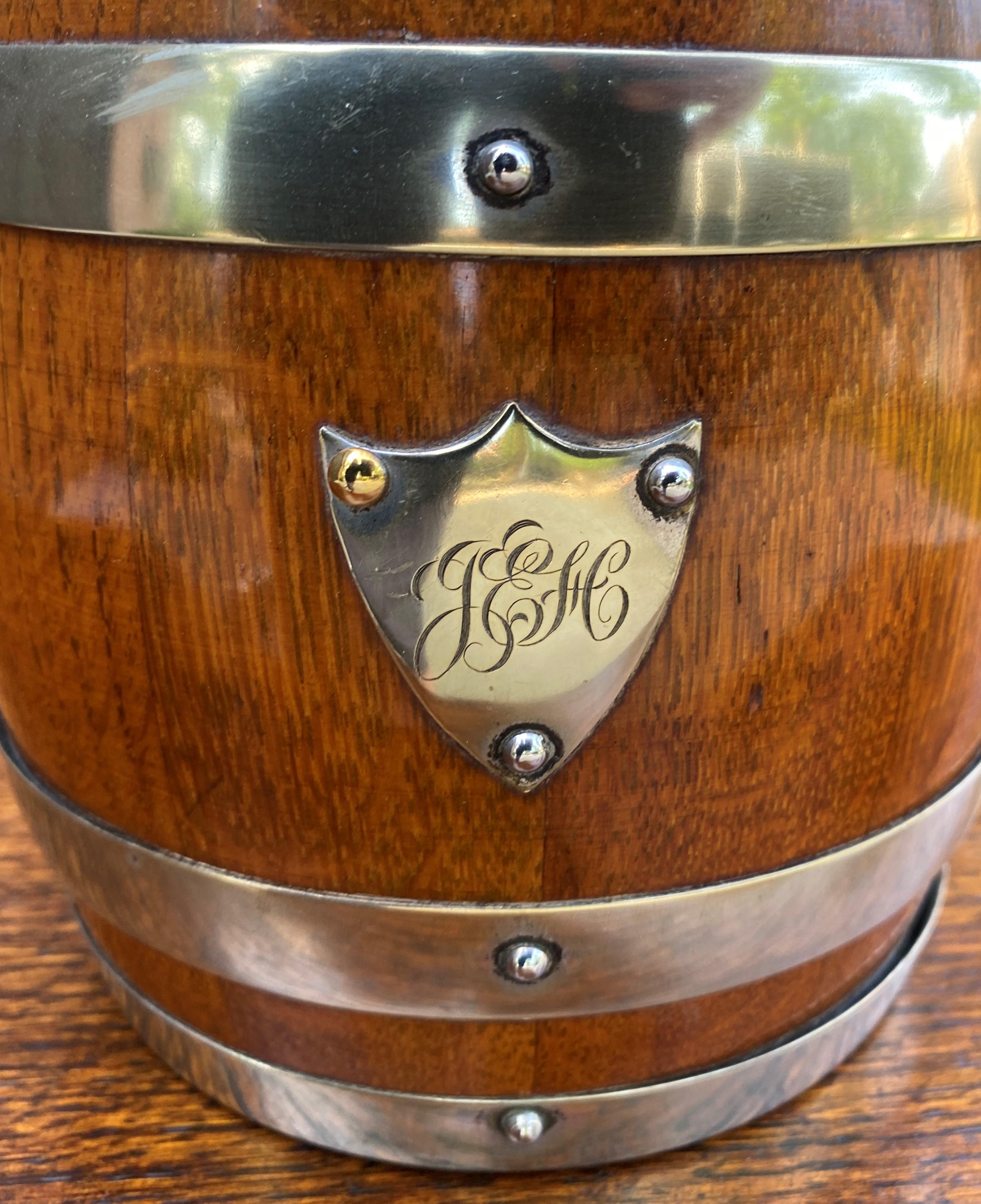 Mid-20th Century Antique English Oak Biscuit Barrel Tobacco Jar Engraved Shield Banded #1