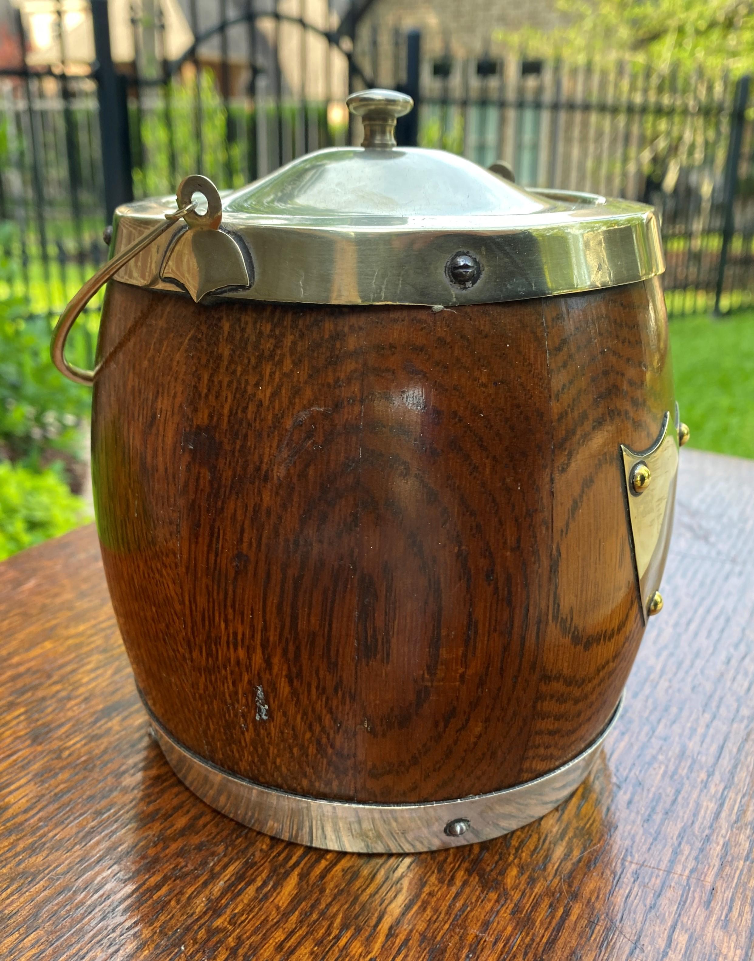 Antique English Oak Biscuit Barrel Tobacco Jar Oak Porcelain Lined Shield #3 5