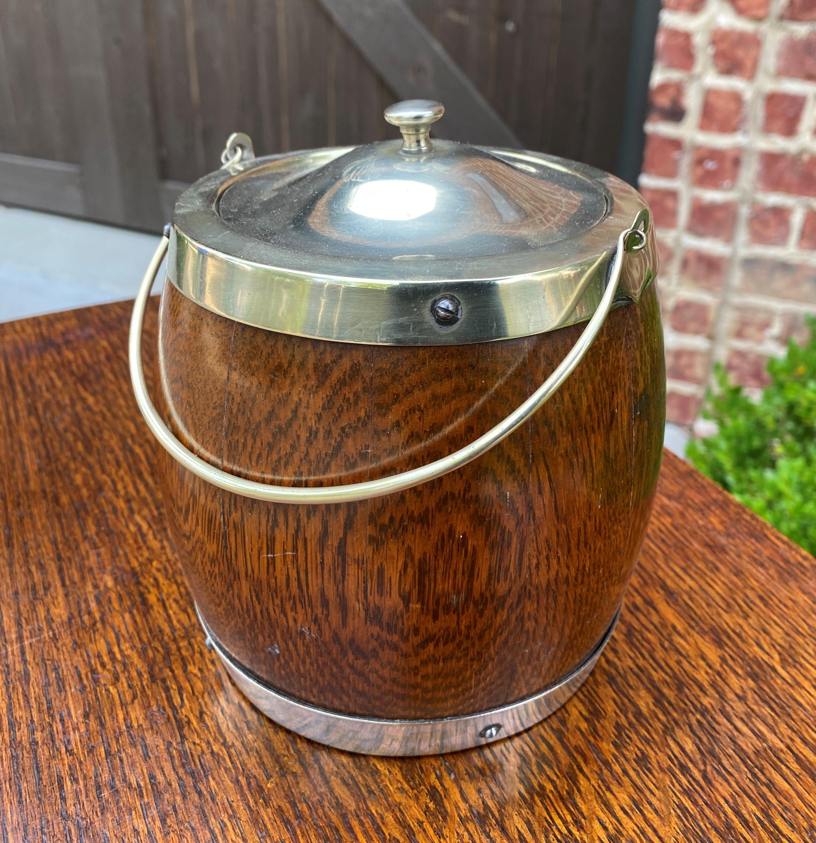 Antique English Oak Biscuit Barrel Tobacco Jar Oak Porcelain Lined Shield #3 6