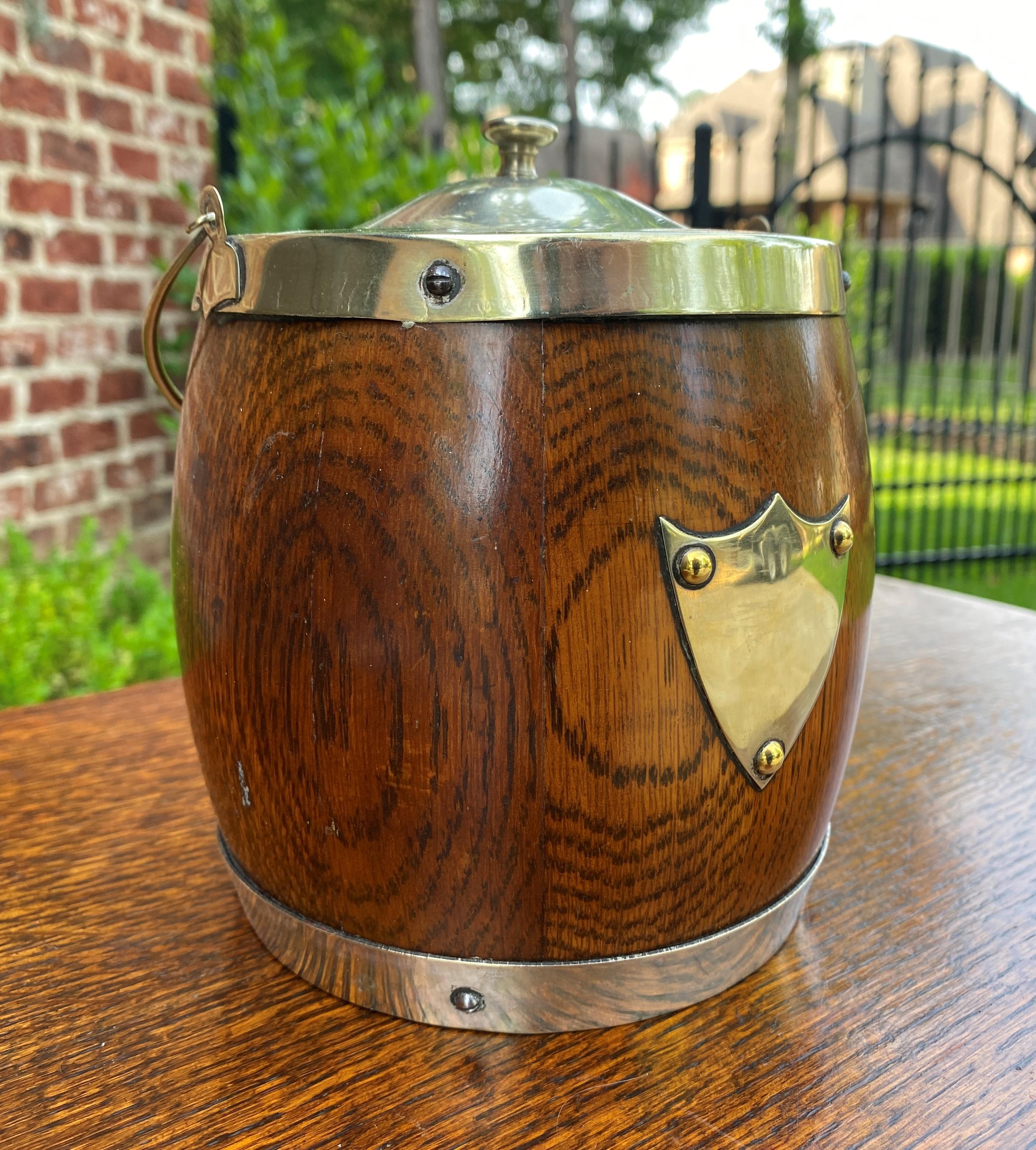 Antique English Oak Biscuit Barrel Tobacco Jar Oak Porcelain Lined Shield #3 7