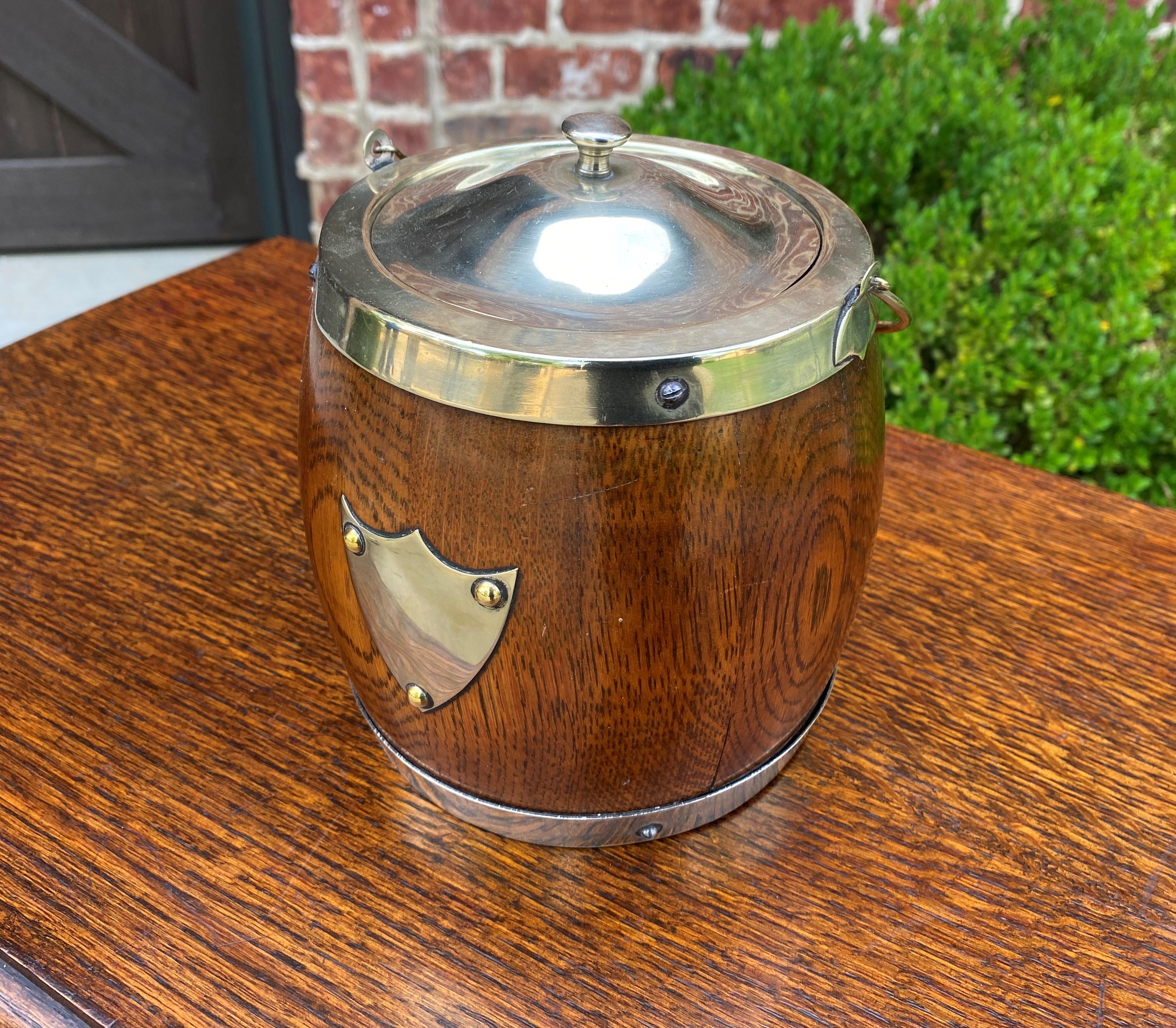Edwardian Antique English Oak Biscuit Barrel Tobacco Jar Oak Porcelain Lined Shield #3