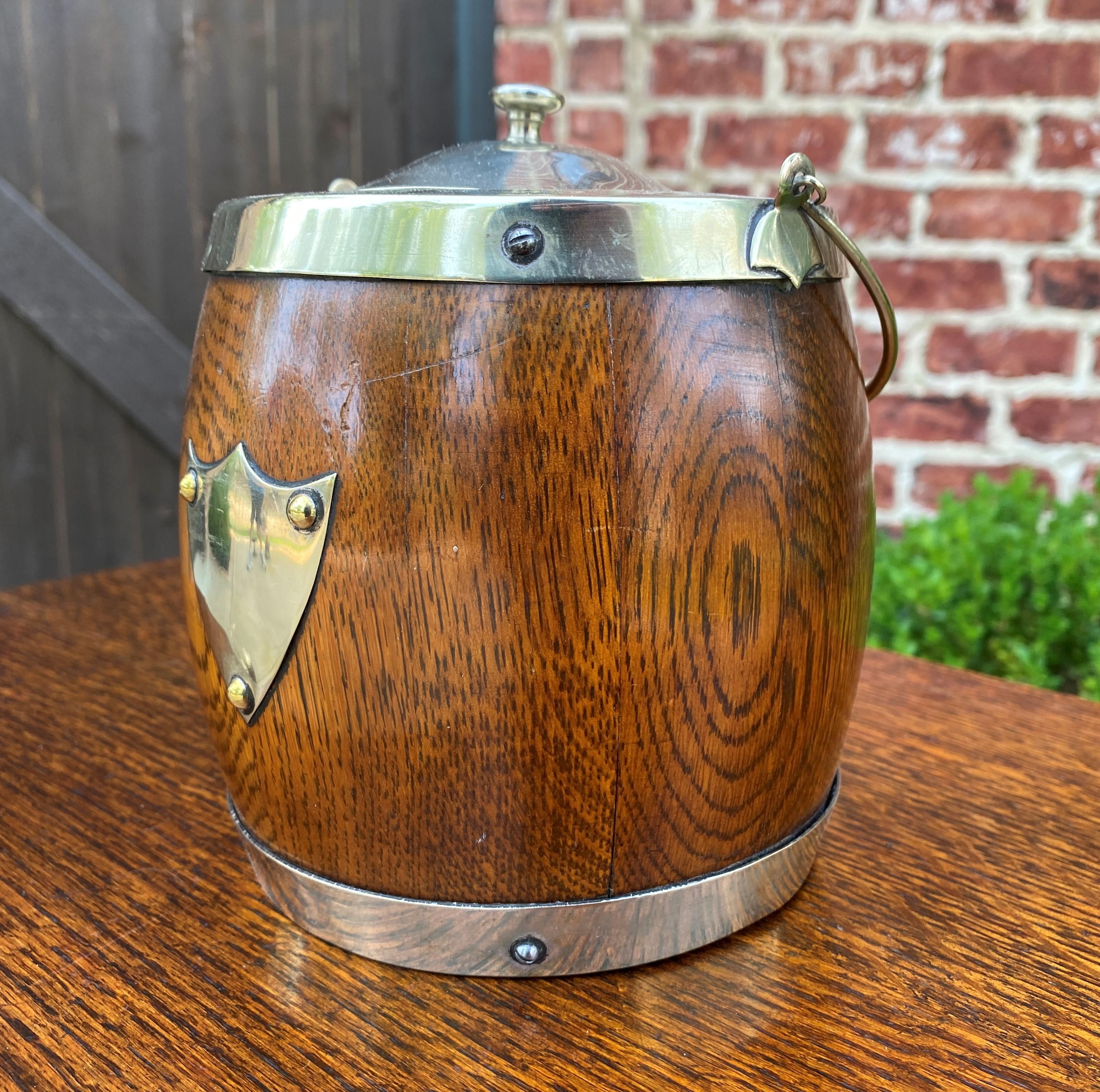 Mid-20th Century Antique English Oak Biscuit Barrel Tobacco Jar Oak Porcelain Lined Shield #3