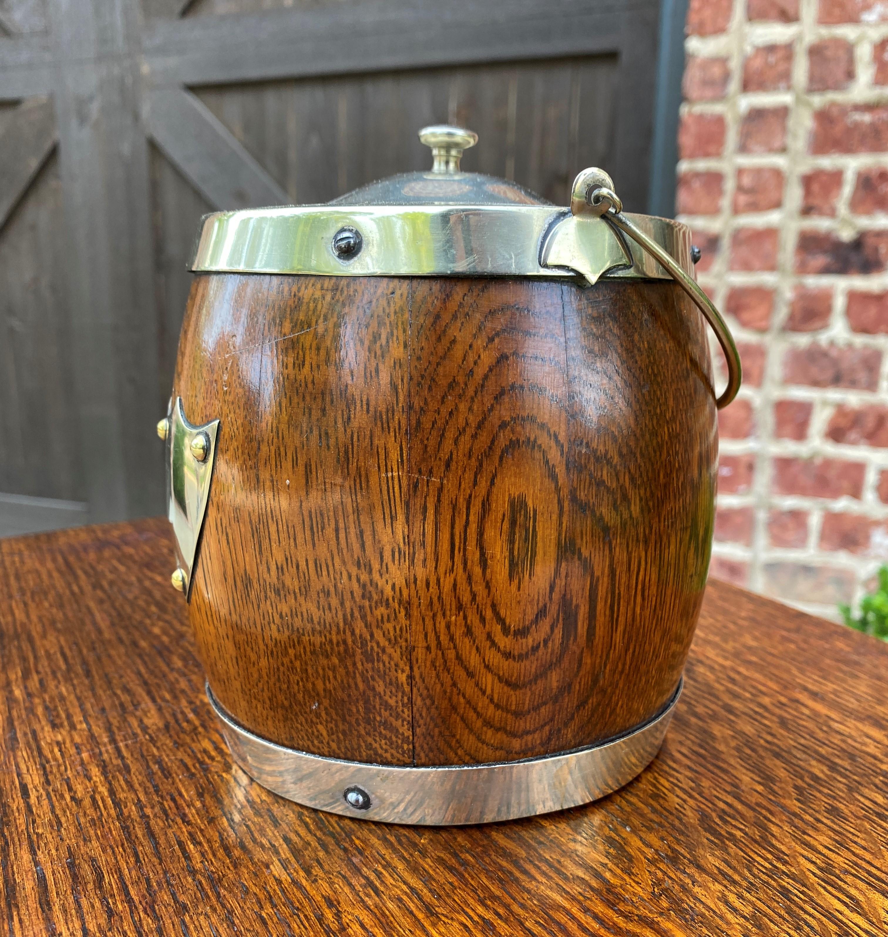 Antique English Oak Biscuit Barrel Tobacco Jar Oak Porcelain Lined Shield #3 1