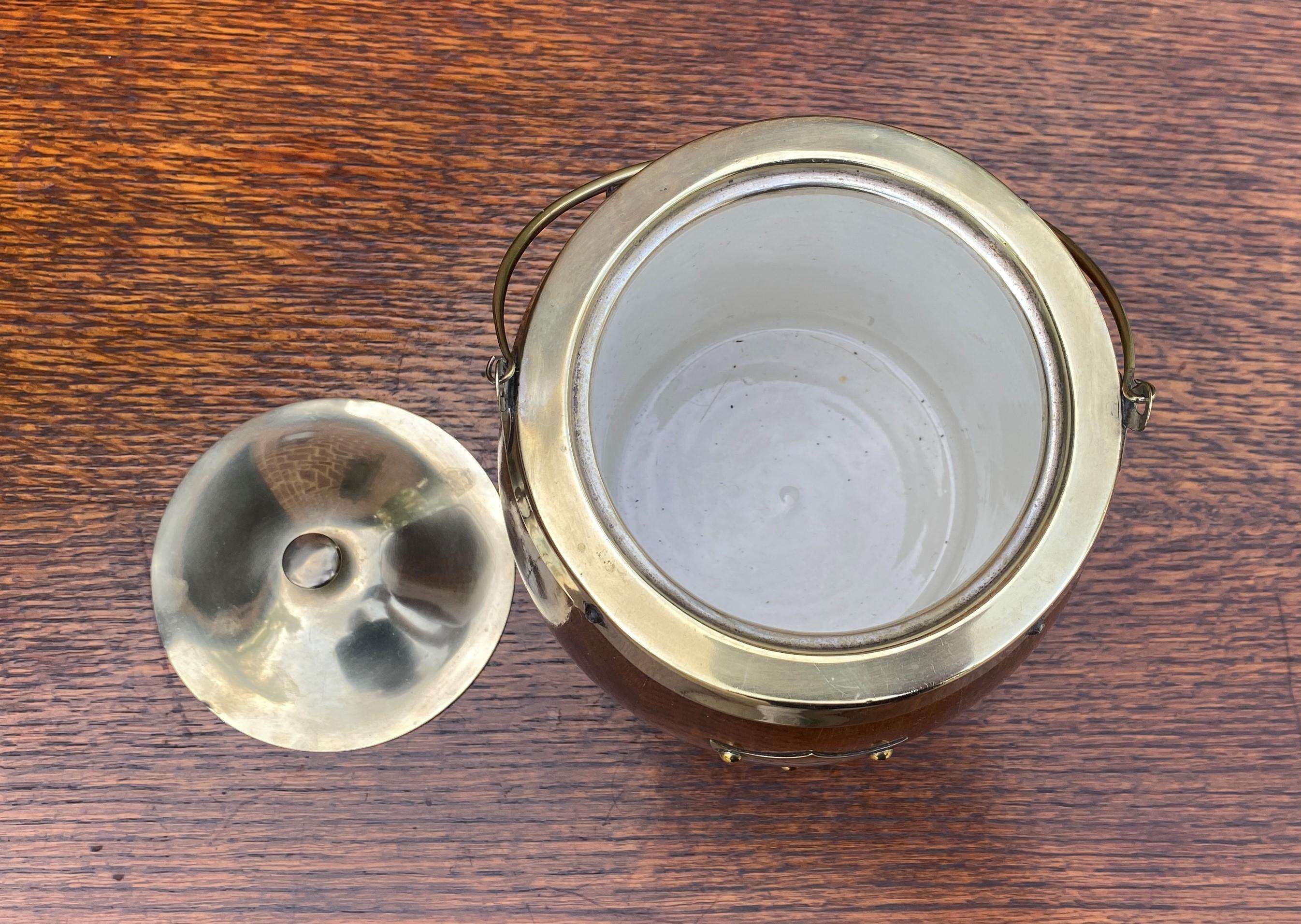 Antique English Oak Biscuit Barrel Tobacco Jar Oak Porcelain Lined Shield #3 2