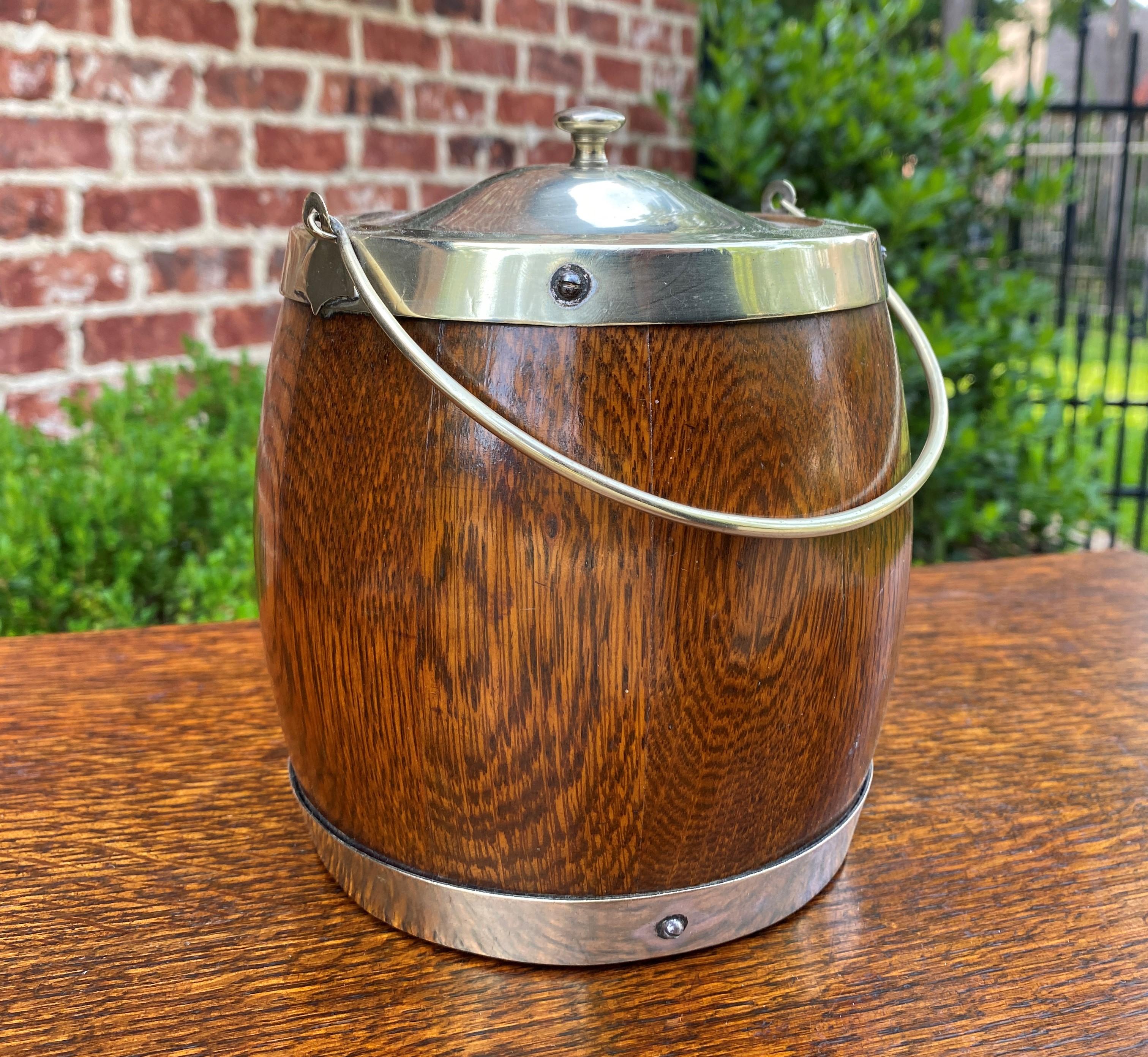Antique English Oak Biscuit Barrel Tobacco Jar Oak Porcelain Lined Shield #3 3