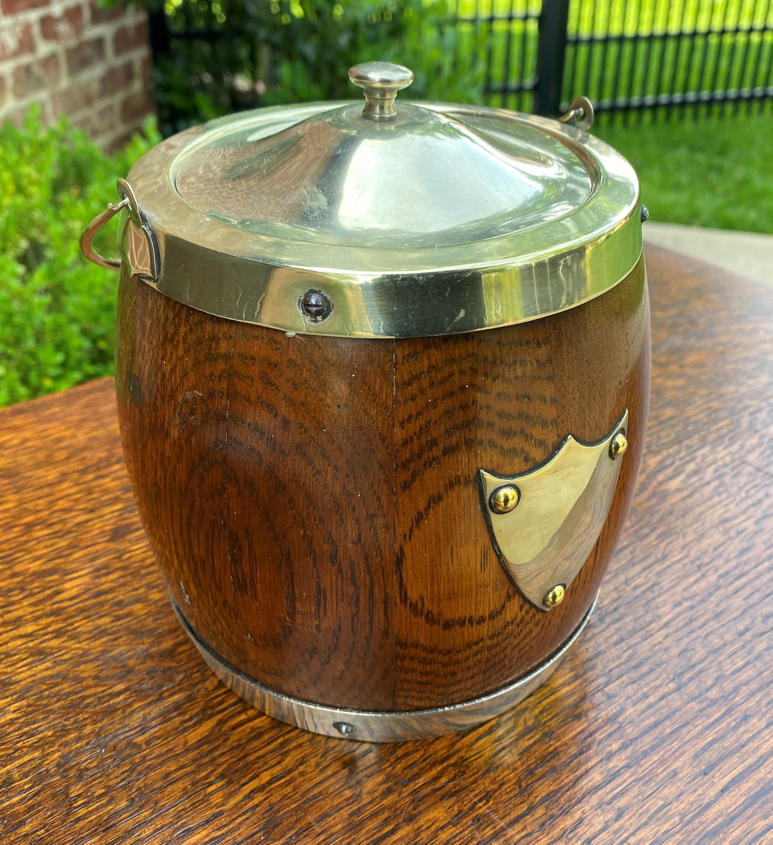 Antique English Oak Biscuit Barrel Tobacco Jar Oak Porcelain Lined Shield #3 4