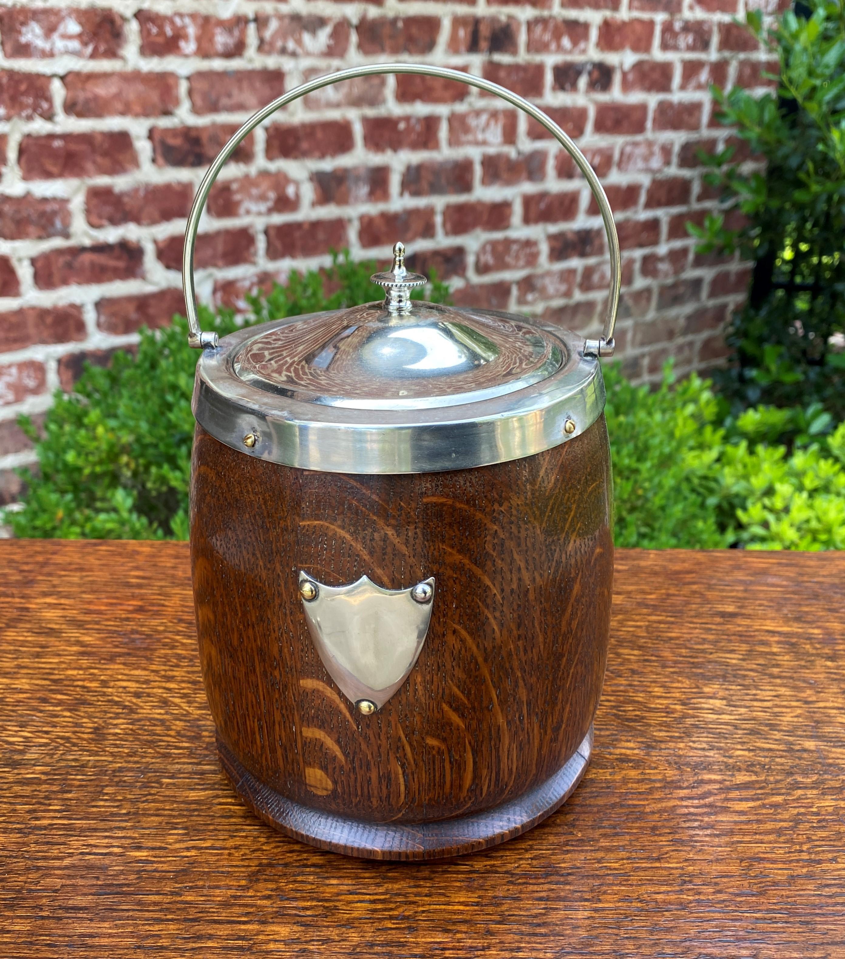Antique English Oak Biscuit Barrel Tobacco Jar Porcelain Lined Shield #2 2
