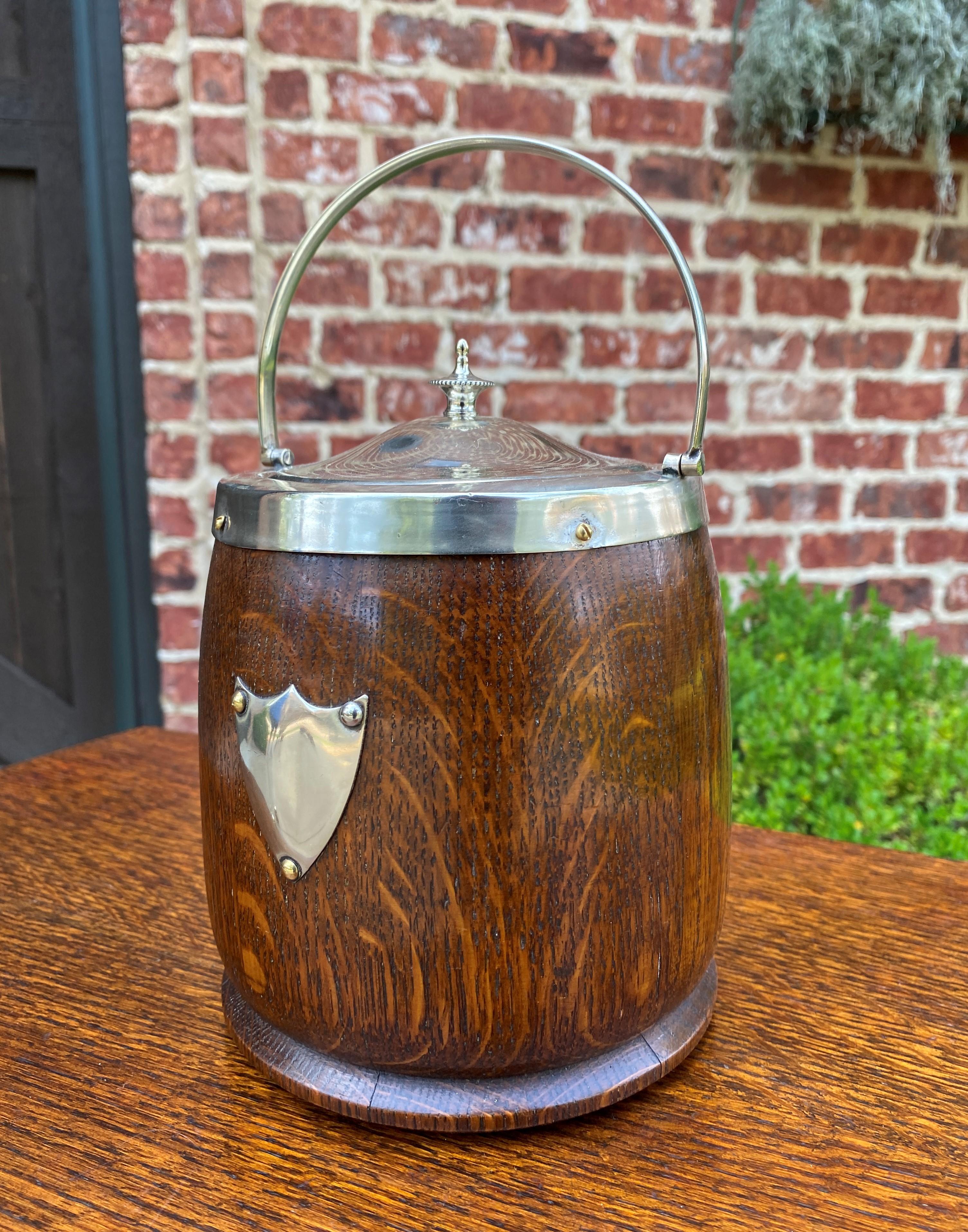 Edwardian Antique English Oak Biscuit Barrel Tobacco Jar Porcelain Lined Shield #2