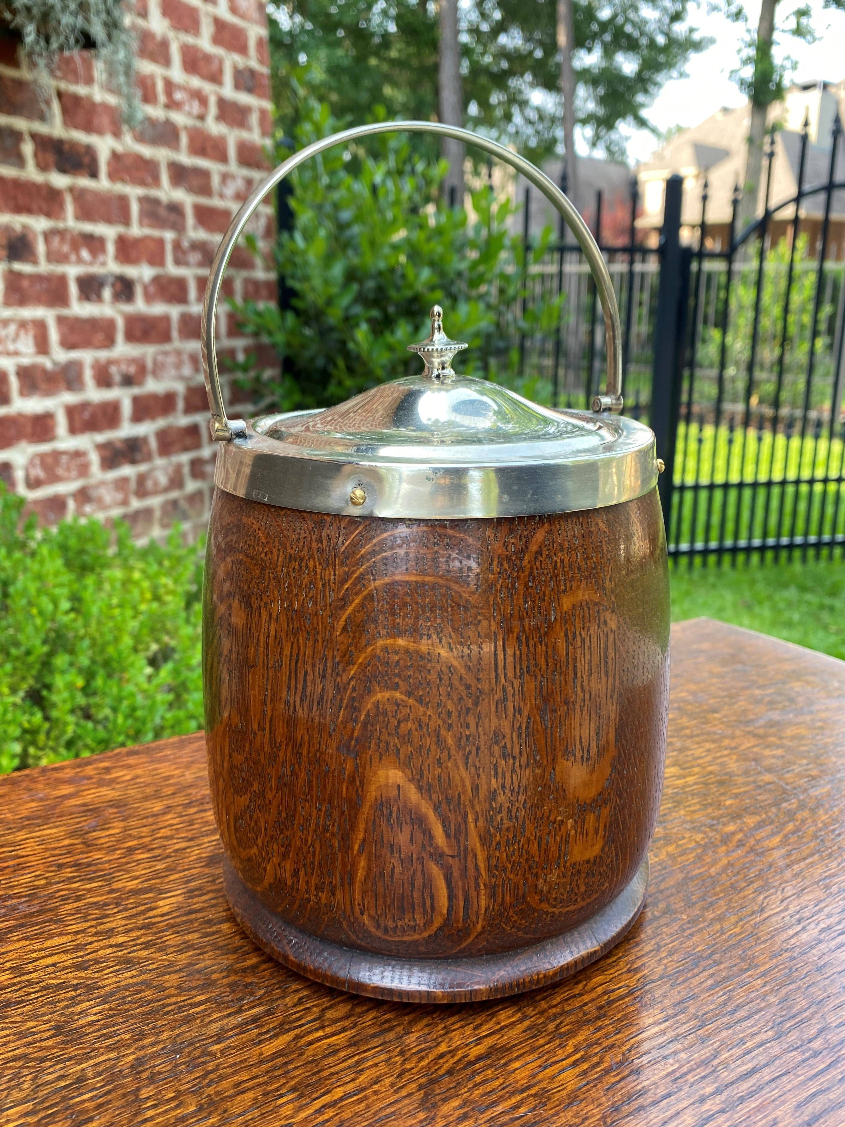 Antique English Oak Biscuit Barrel Tobacco Jar Porcelain Lined Shield #2 1