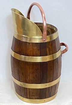 Antique English Oak Brass and Copper Barrel Style Bucket, circa 1840