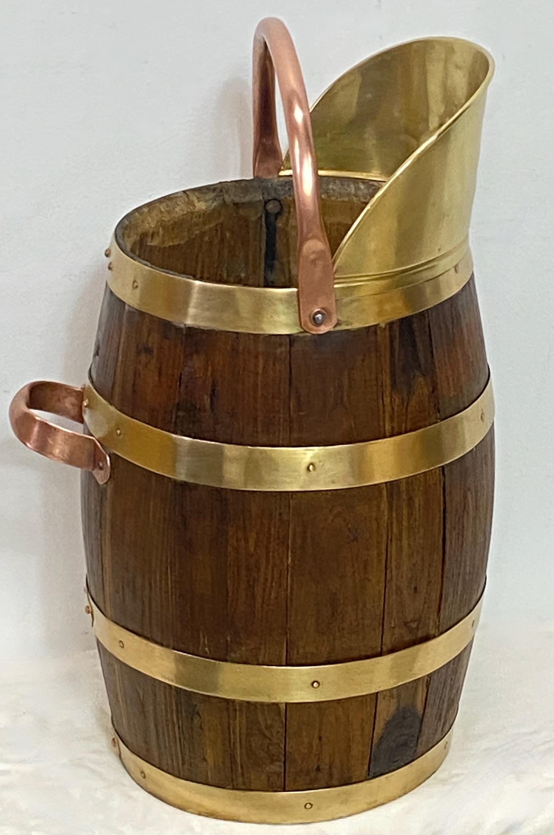 Rustic Antique English Oak Brass and Copper Barrel Style Bucket, circa 1840 For Sale