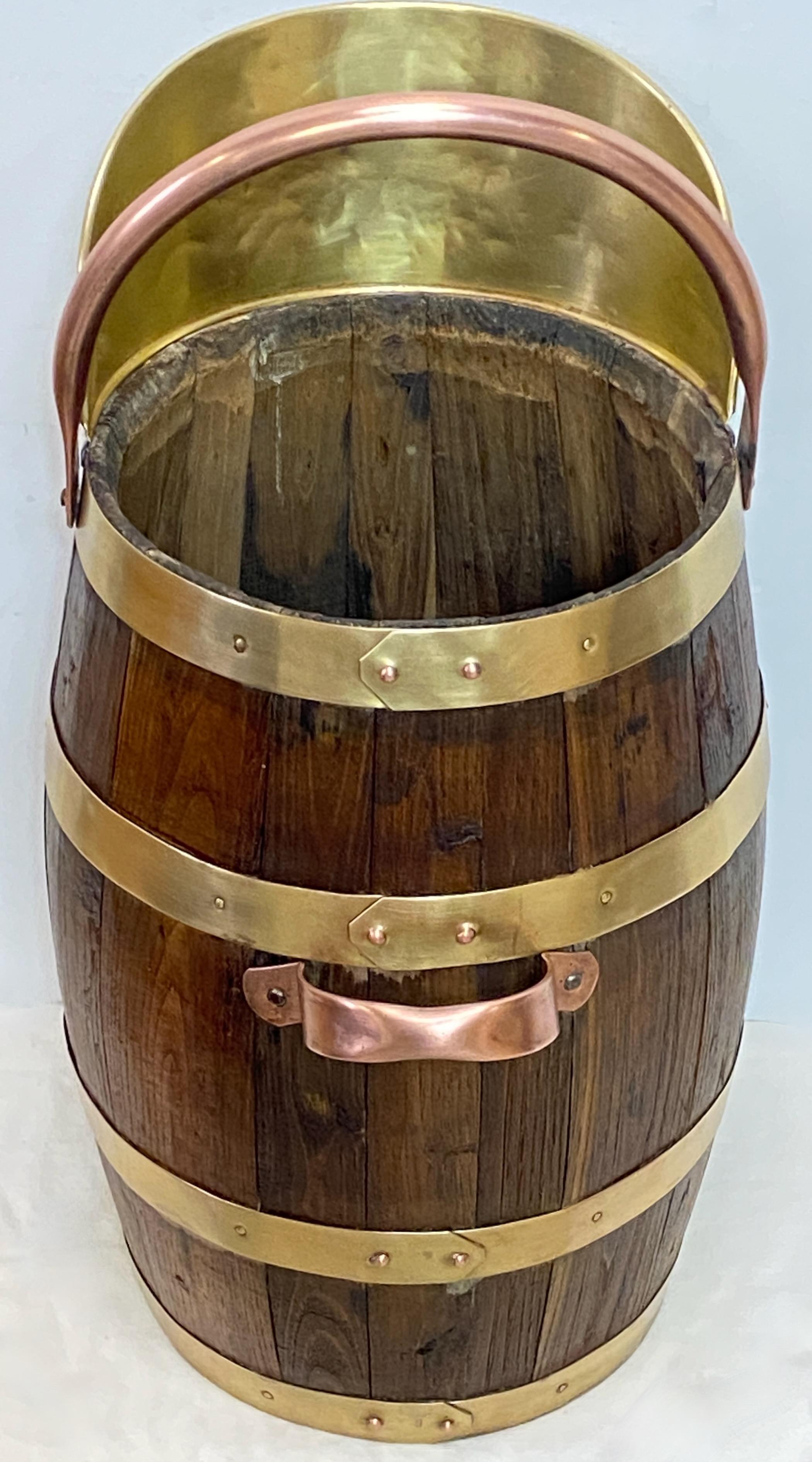 Antique English Oak Brass and Copper Barrel Style Bucket, circa 1840 For Sale 1
