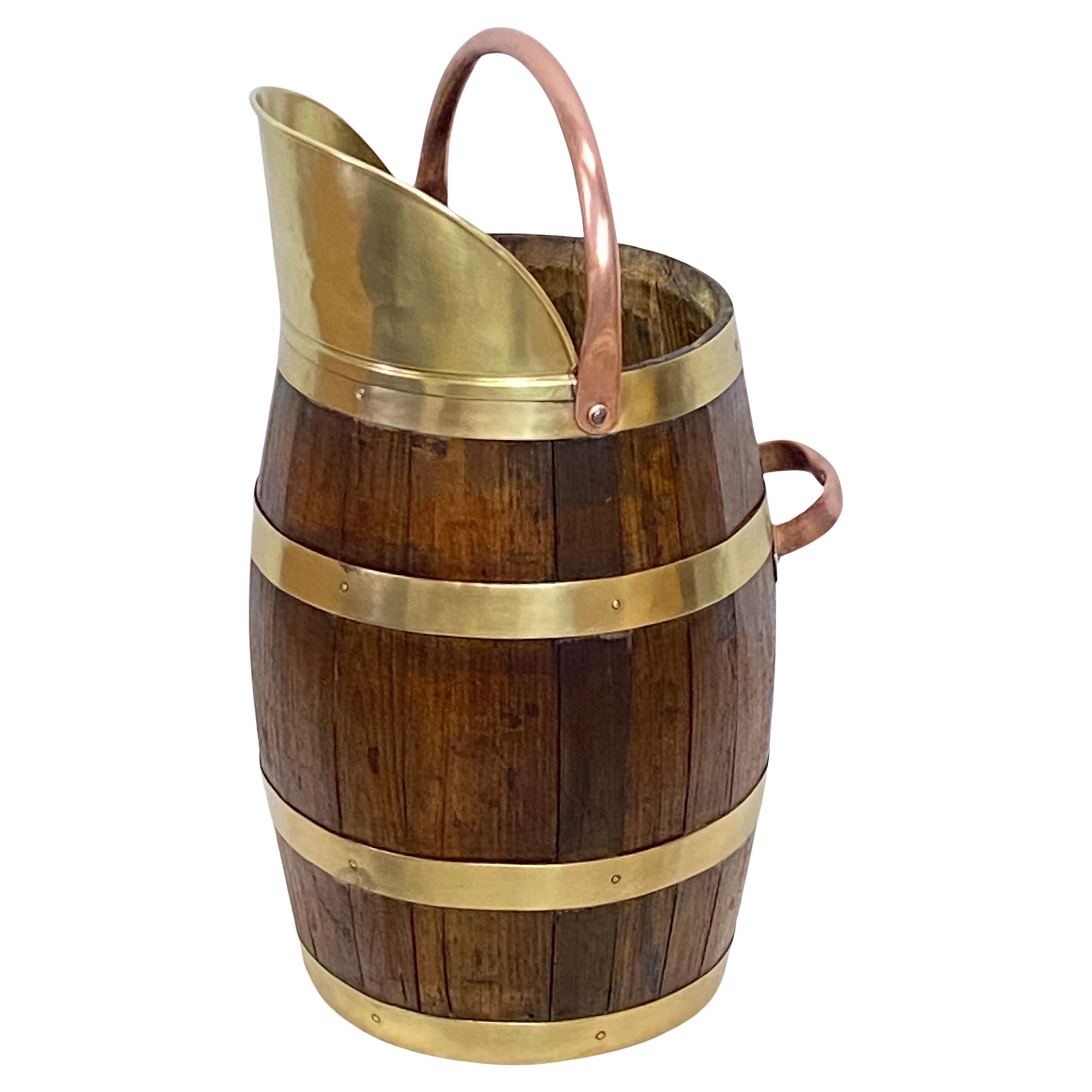 Antique English Oak Brass and Copper Barrel Style Bucket, circa 1840 For Sale