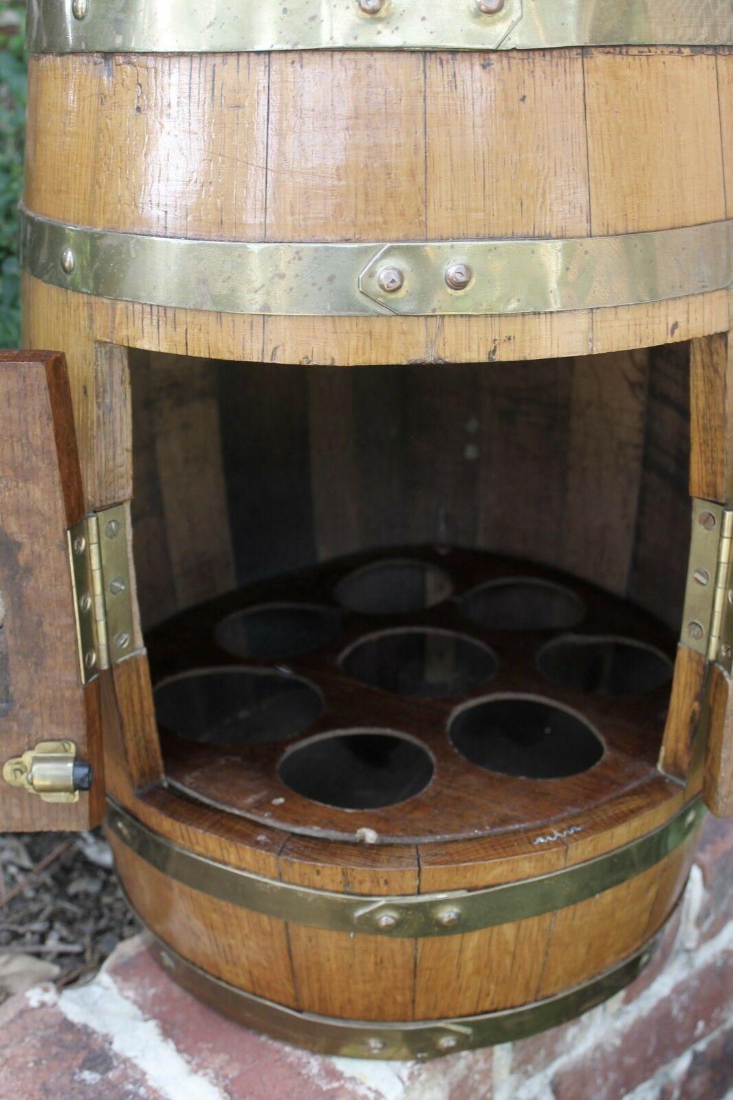 Antique English Oak Brass Banded Barrel Bar Wine Liquor Cabinet Pub Decanter 5