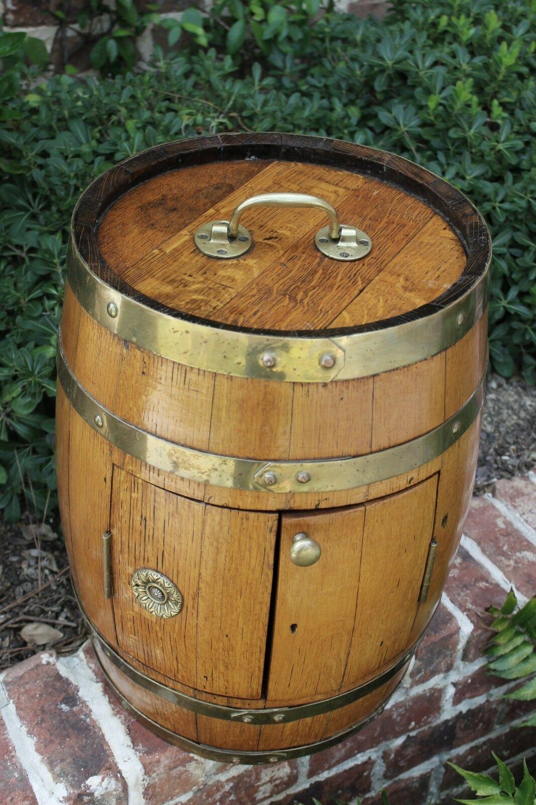 Antique English Oak Brass Banded Barrel Bar Wine Liquor Cabinet Pub Decanter 6