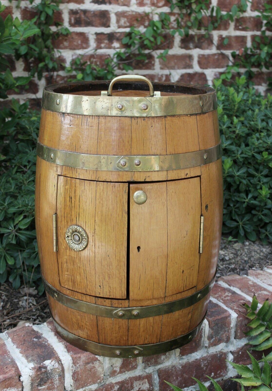 Antique English Oak Brass Banded Barrel Bar Wine Liquor Cabinet Pub Decanter 7