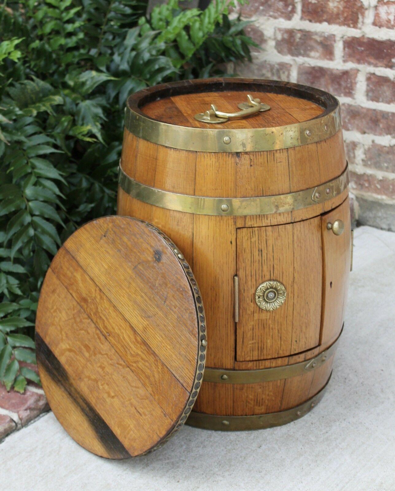 British Colonial Antique English Oak Brass Banded Barrel Bar Wine Liquor Cabinet Pub Decanter