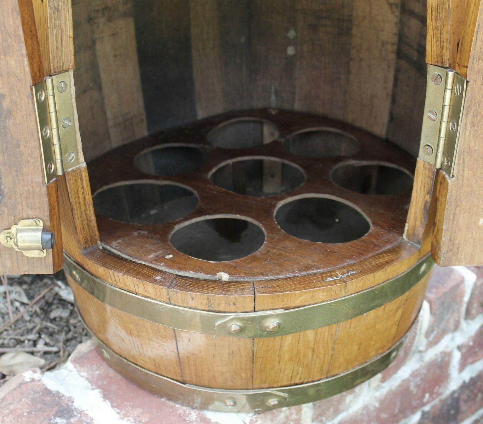 Early 20th Century Antique English Oak Brass Banded Barrel Bar Wine Liquor Cabinet Pub Decanter