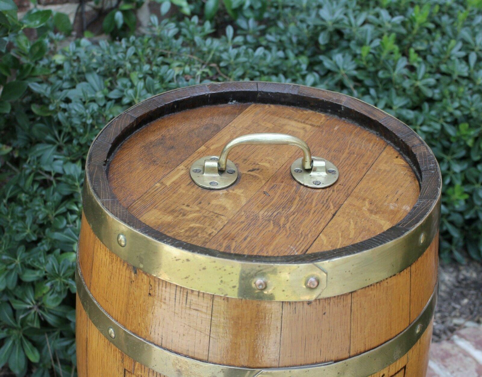 Antique English Oak Brass Banded Barrel Bar Wine Liquor Cabinet Pub Decanter 1