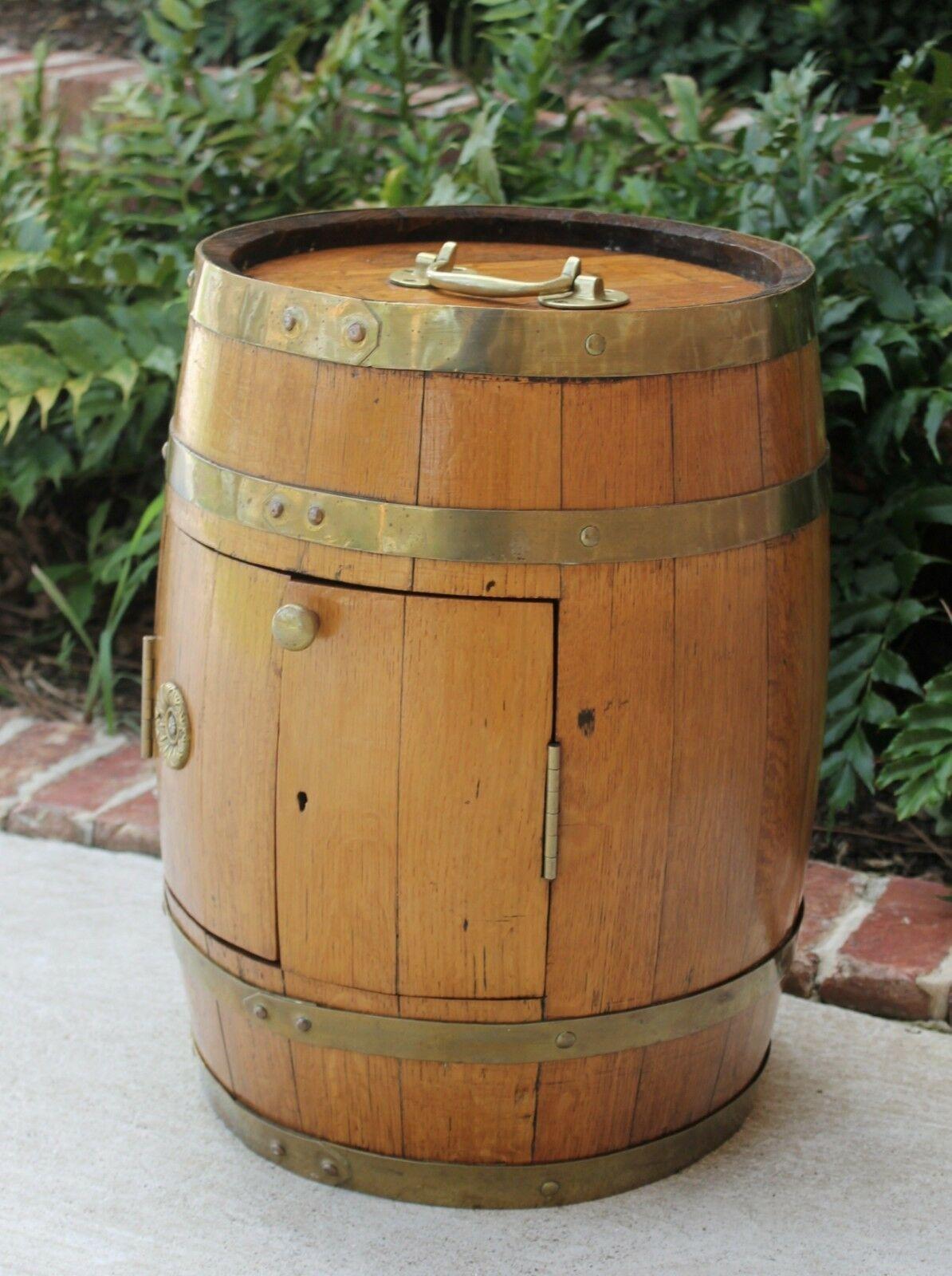 Antique English Oak Brass Banded Barrel Bar Wine Liquor Cabinet Pub Decanter 2