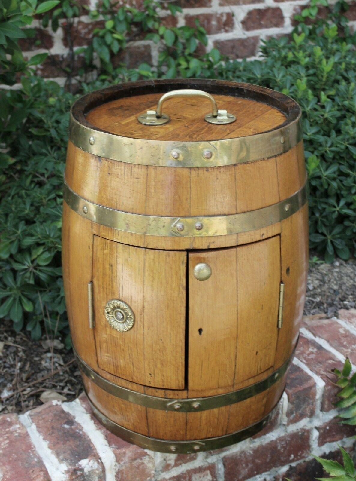 Antique English Oak Brass Banded Barrel Bar Wine Liquor Cabinet Pub Decanter 3