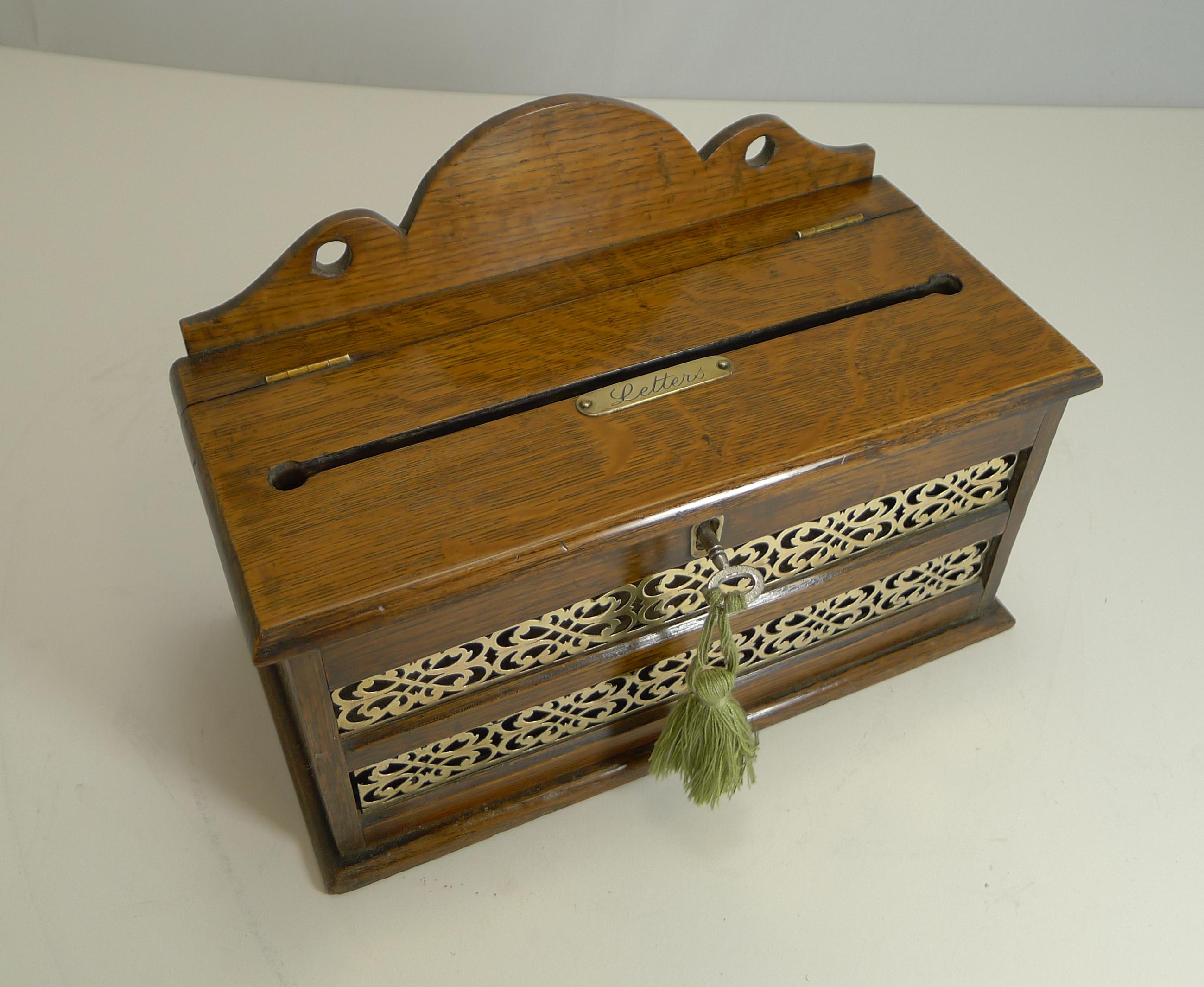 Antique English Oak and Brass Letters Box, circa 1890 2