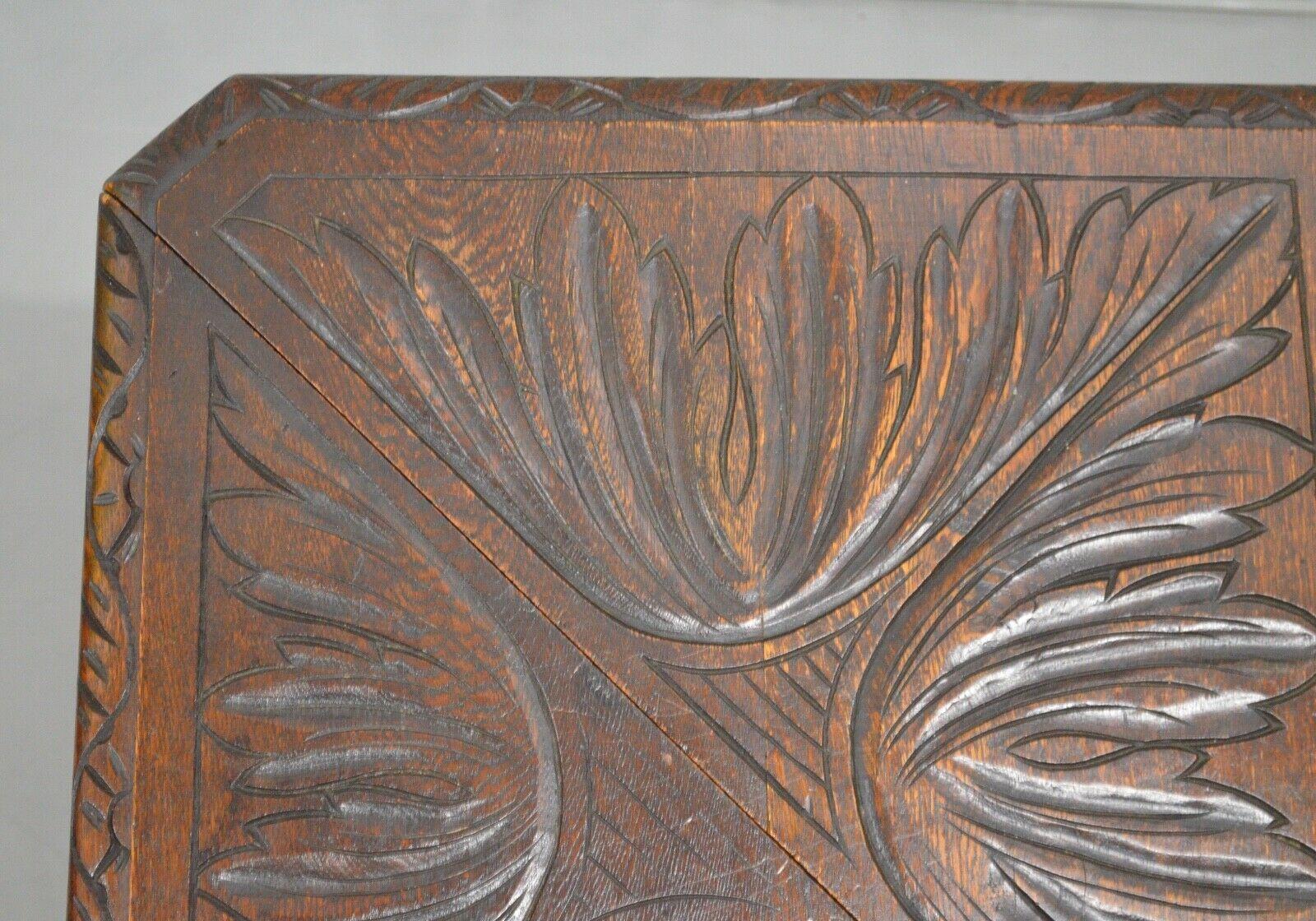Antique English Oak Carved Drop Leaf Handkerchief Envelope Corner End Table 4