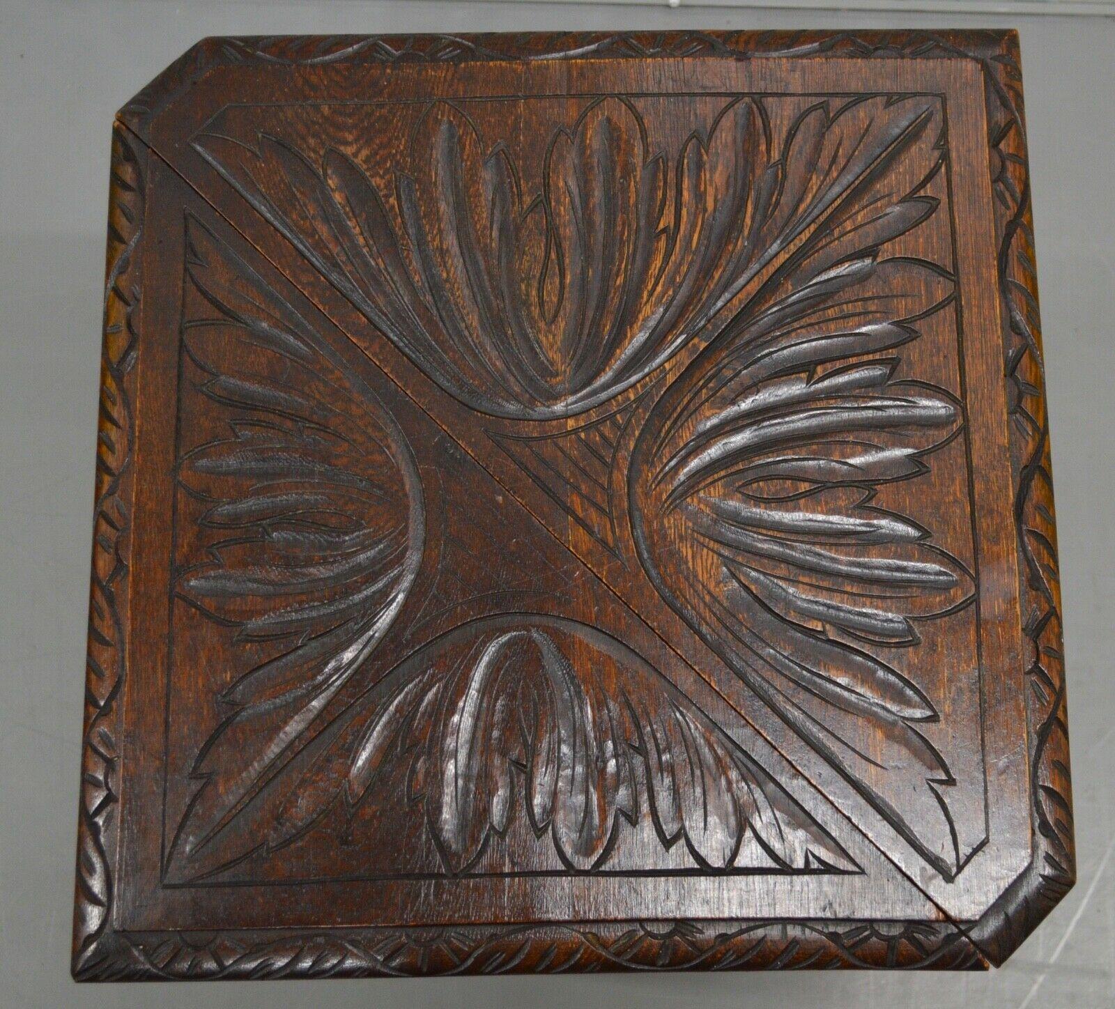 Country Antique English Oak Carved Drop Leaf Handkerchief Envelope Corner End Table