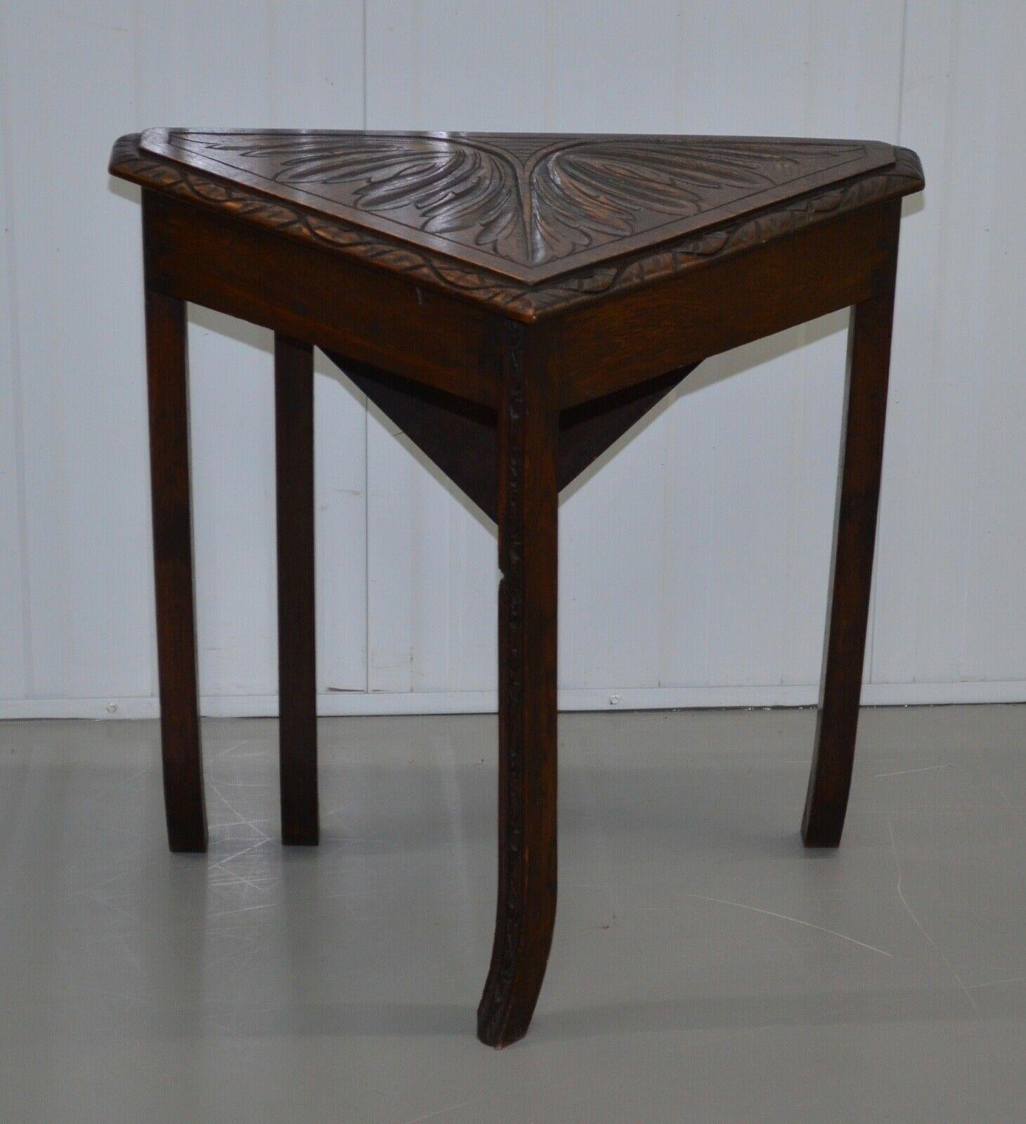 Hand-Crafted Antique English Oak Carved Drop Leaf Handkerchief Envelope Corner End Table
