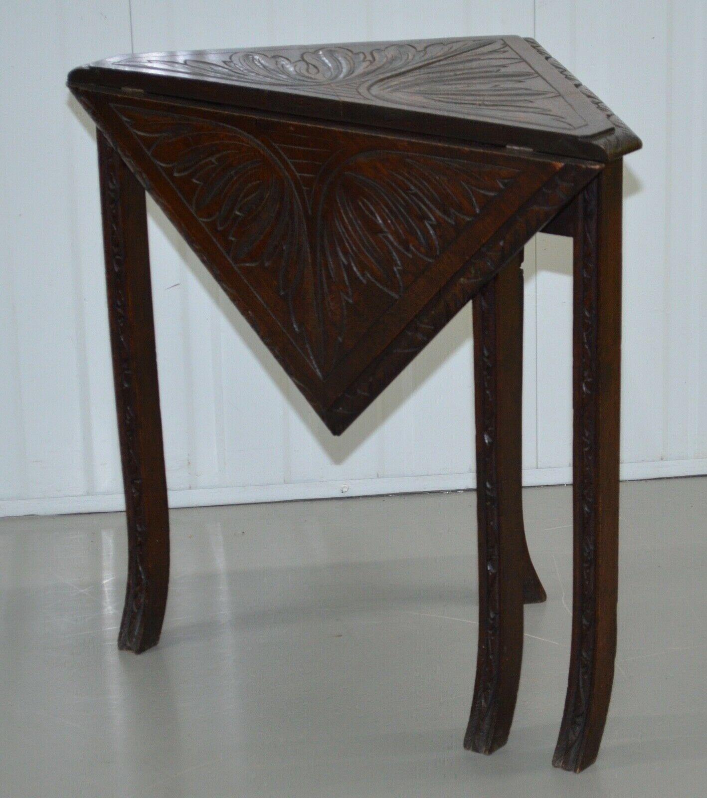 20th Century Antique English Oak Carved Drop Leaf Handkerchief Envelope Corner End Table