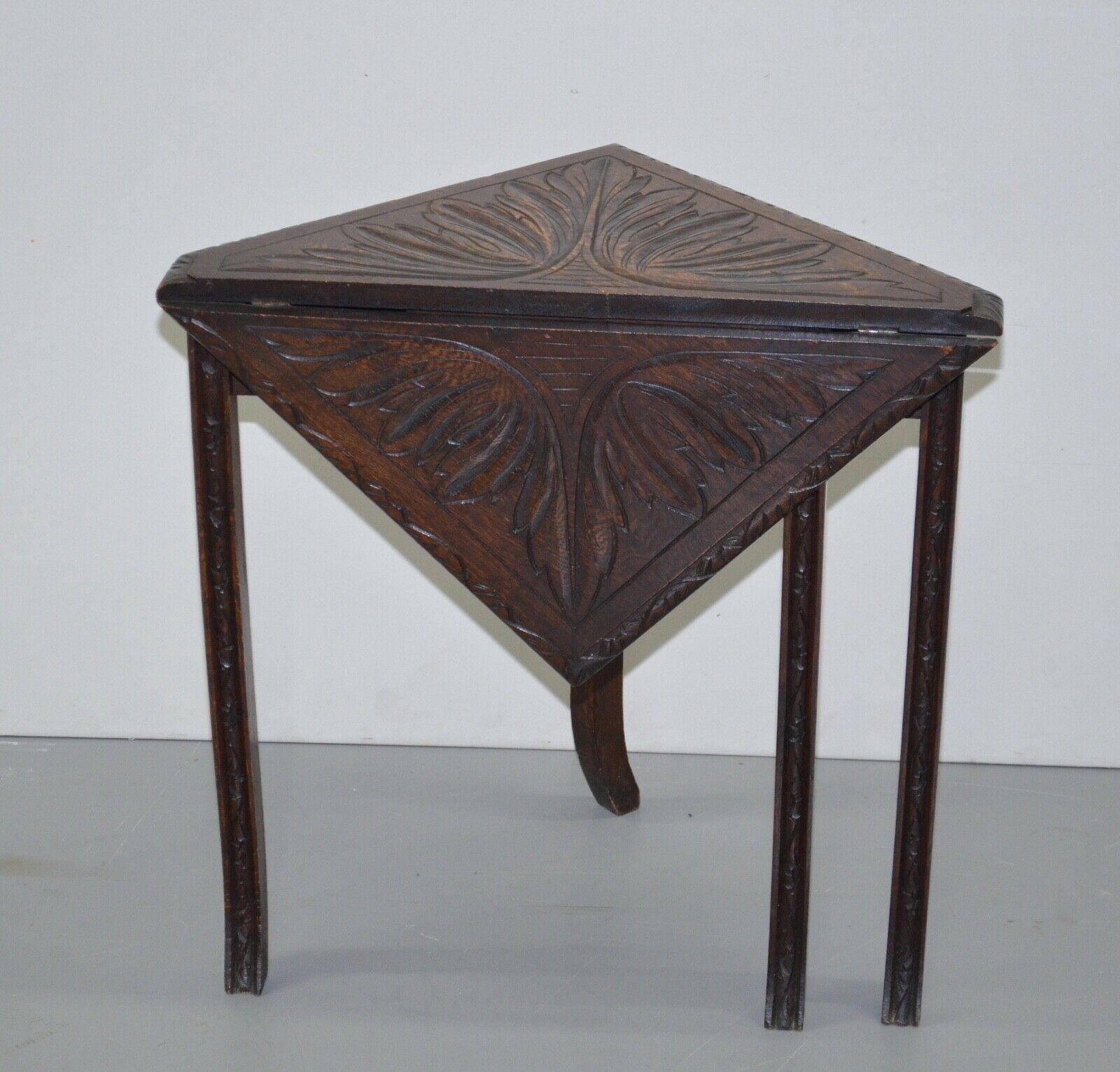 Antique English Oak Carved Drop Leaf Handkerchief Envelope Corner End Table 1