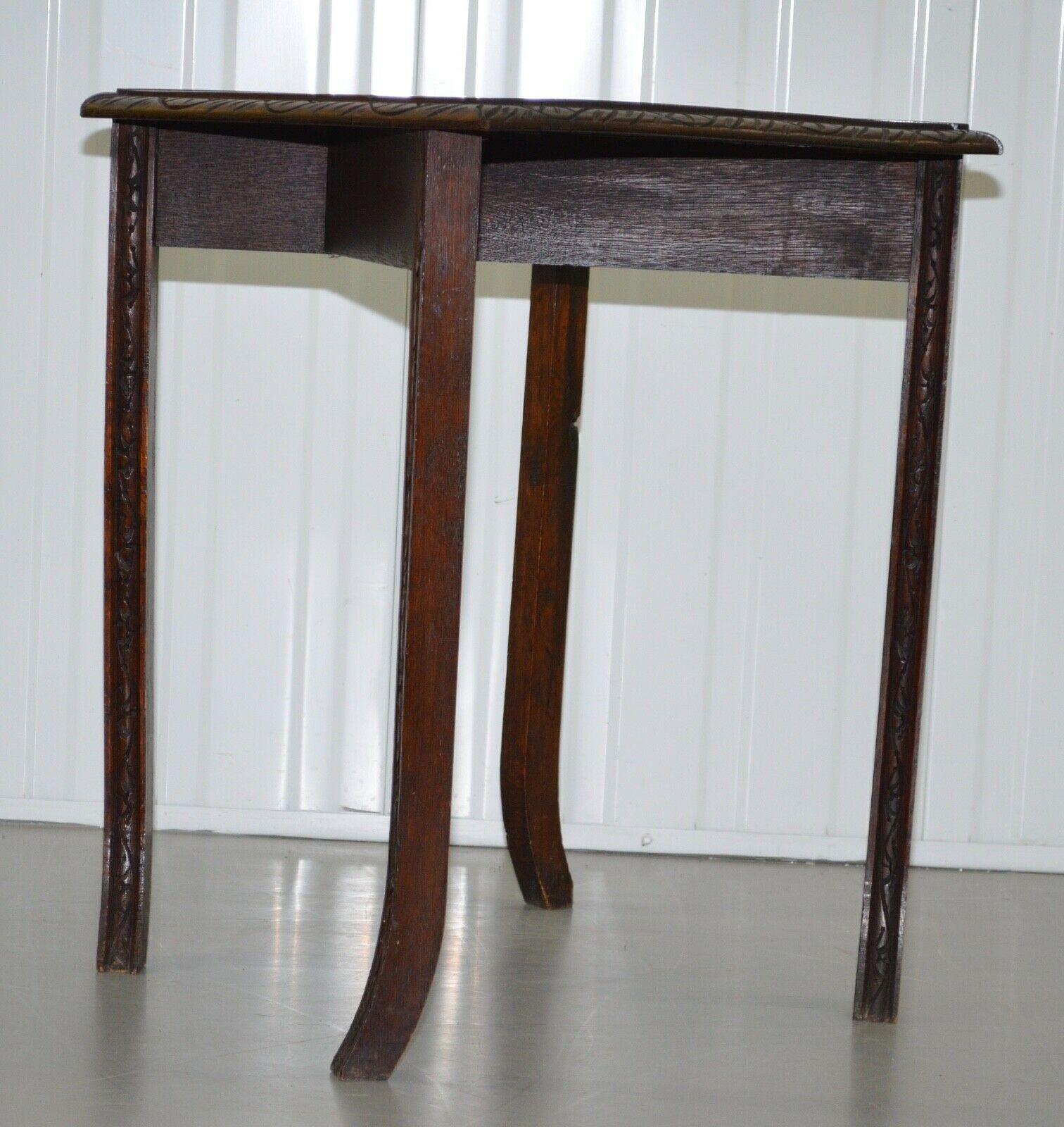Antique English Oak Carved Drop Leaf Handkerchief Envelope Corner End Table 2