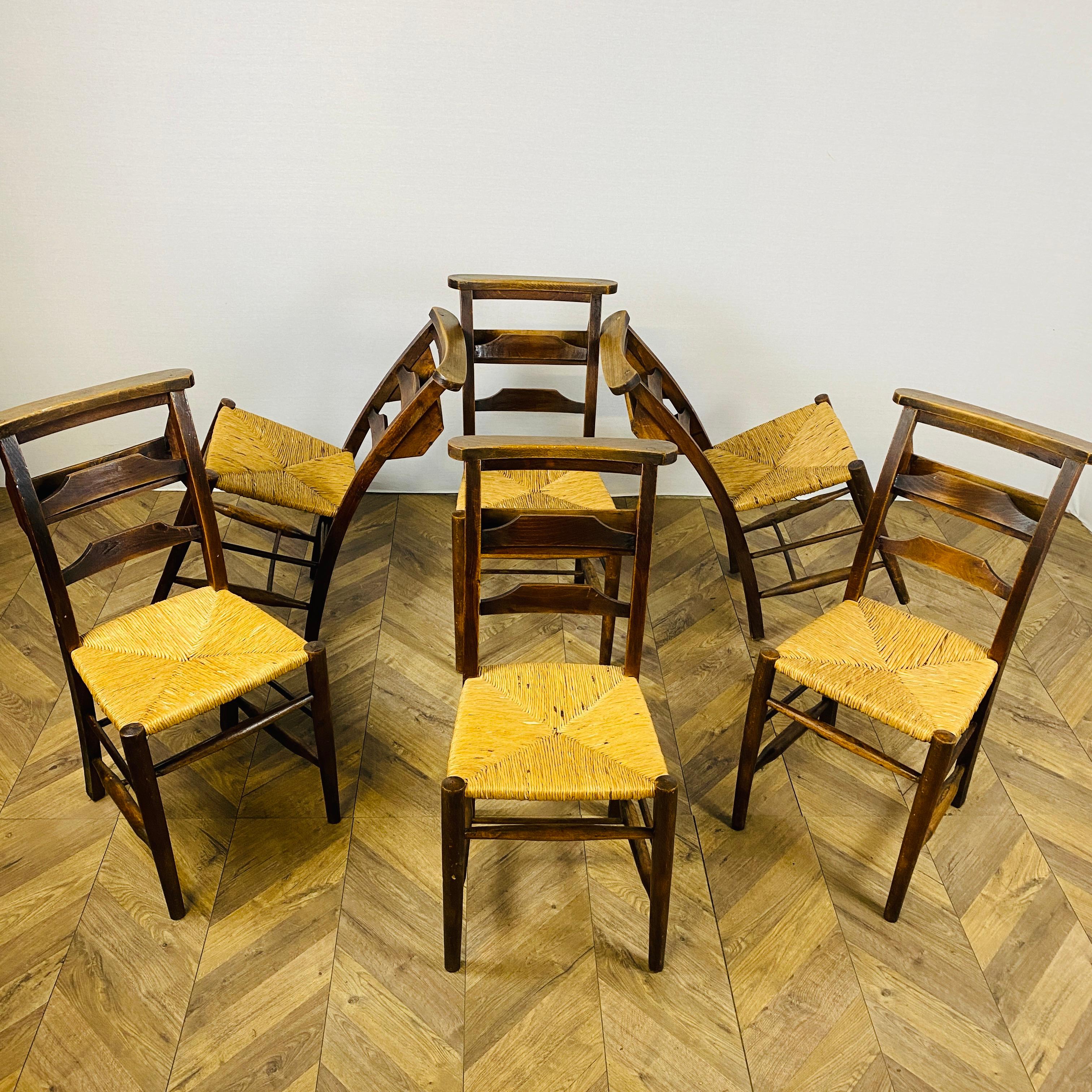 British Antique English Oak Chapel Chairs, Set of 6