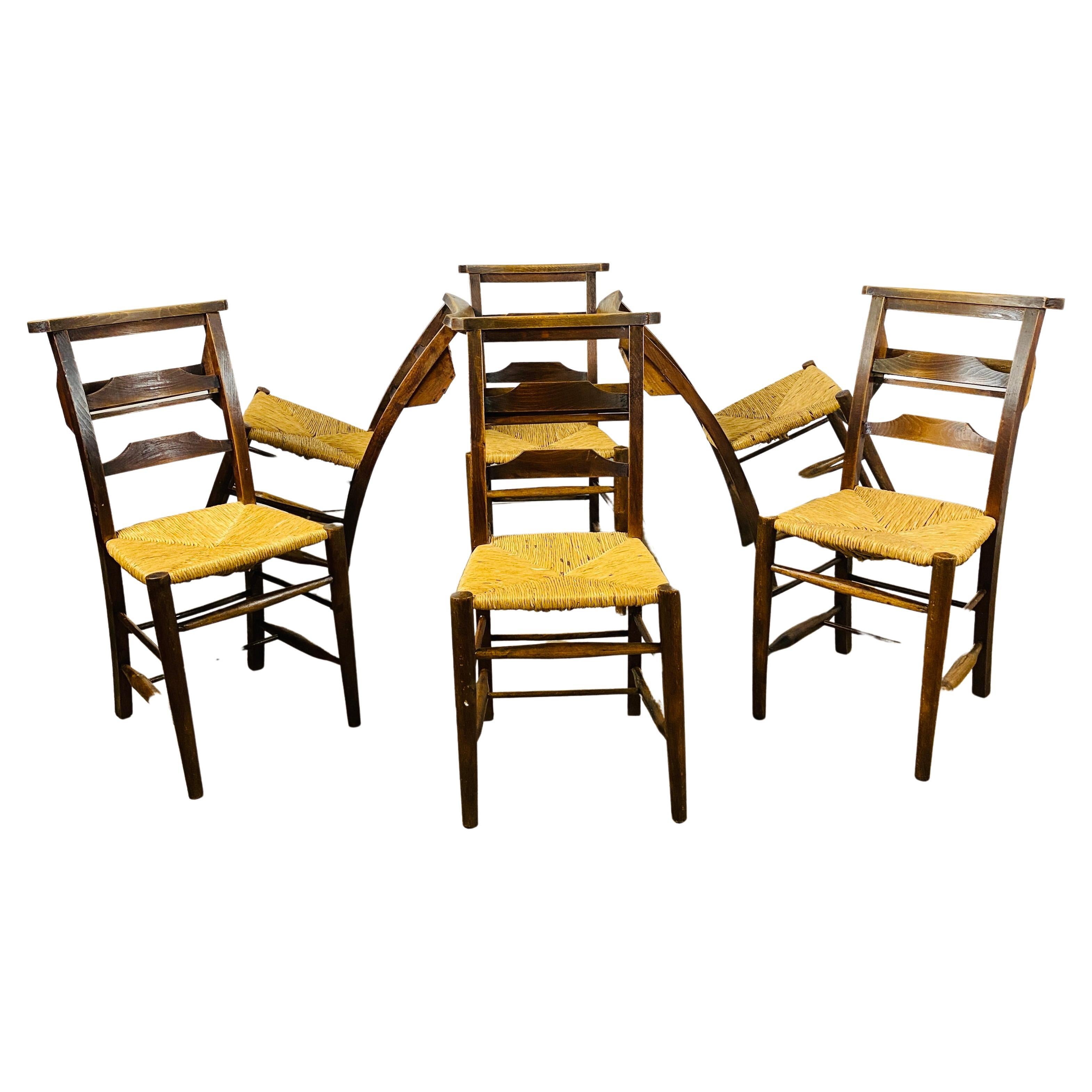 Antique English Oak Chapel Chairs, Set of 6