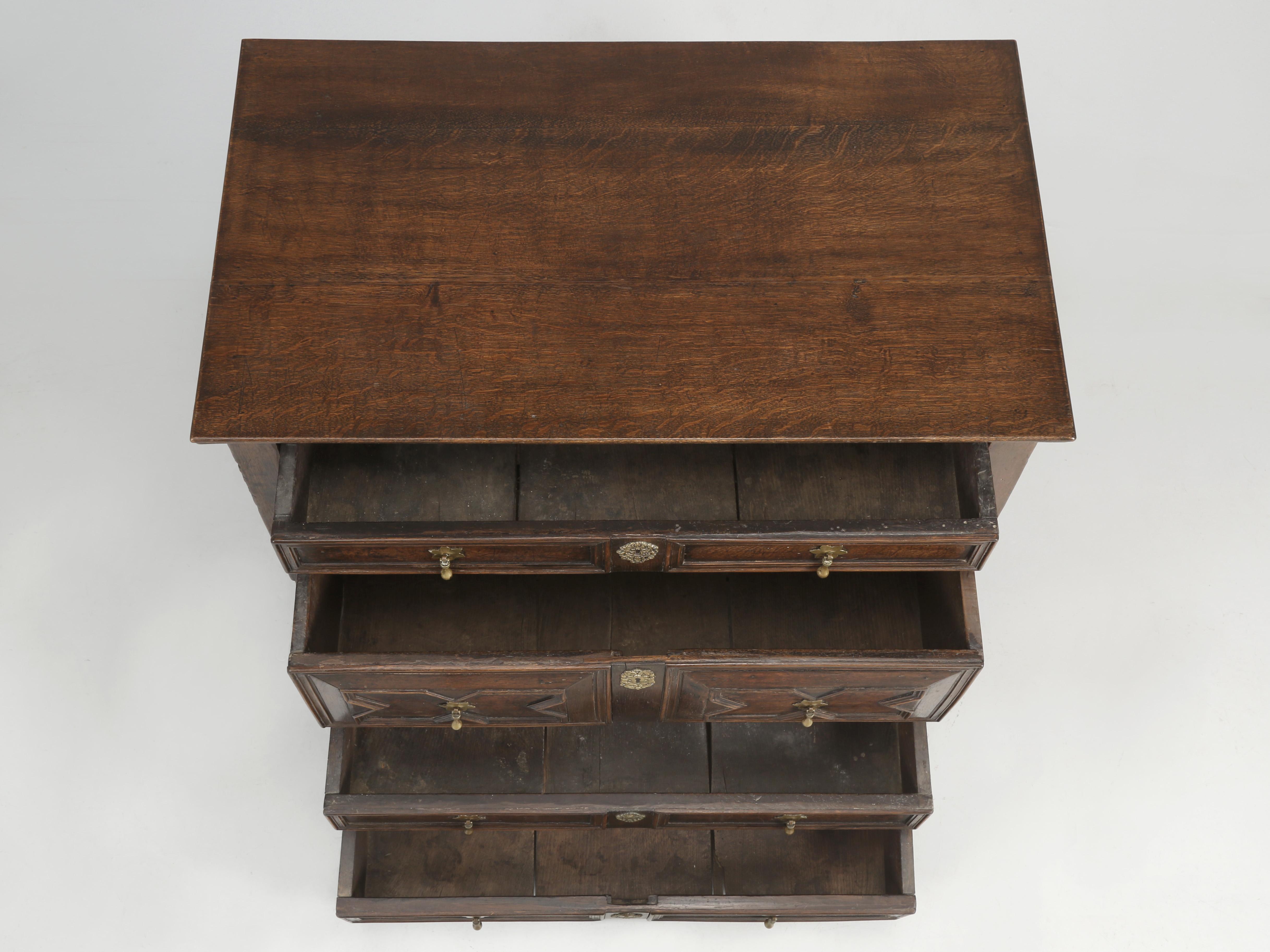 Hand-Carved Antique English Oak Chest of Drawers or Dresser Split Case design, Circa 1700's