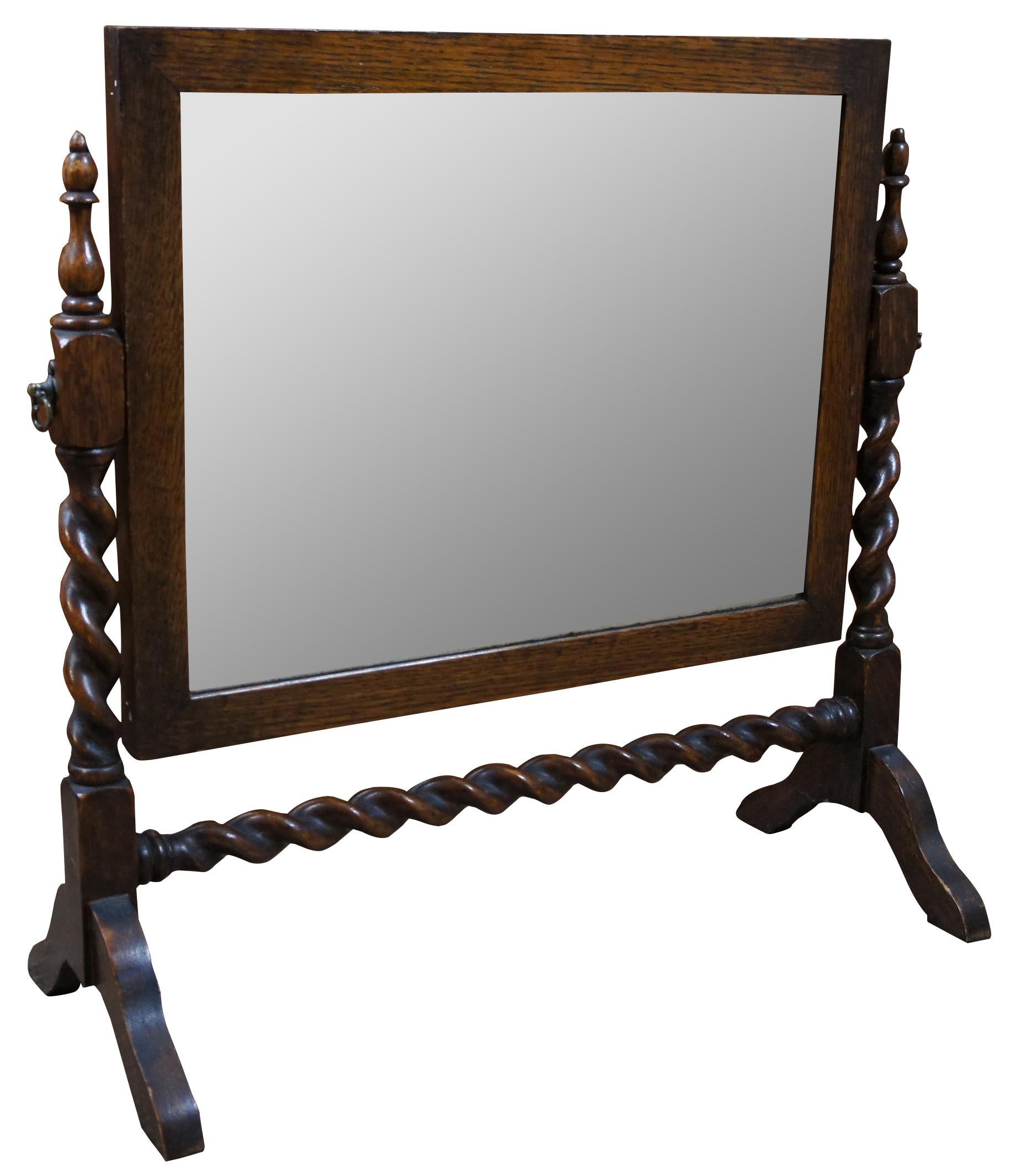 Victorian Antique English Oak Cheval Barley Twist Dresser Top Shaving Vanity Mirror