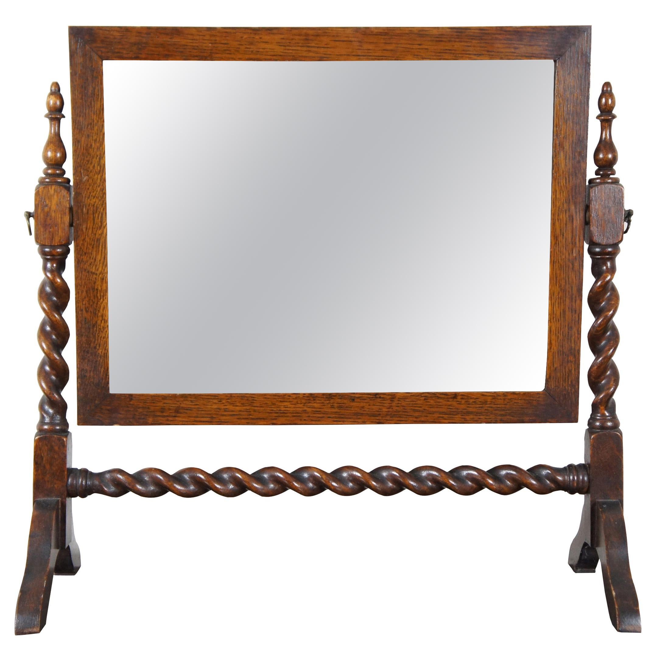 Antique English Oak Cheval Barley Twist Dresser Top Shaving Vanity Mirror